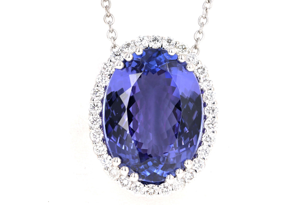 18K White Gold 19.23 Carat Oval Tanzanite & Diamond Halo Pendant Necklace - Queen May