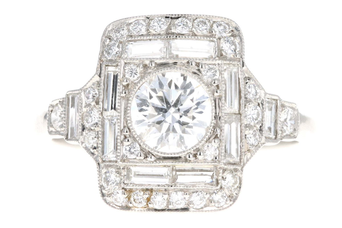 Art Deco Inspired Platinum 1.20 Carat Total Weight Round & Baguette Cut Diamond Ring - Queen May