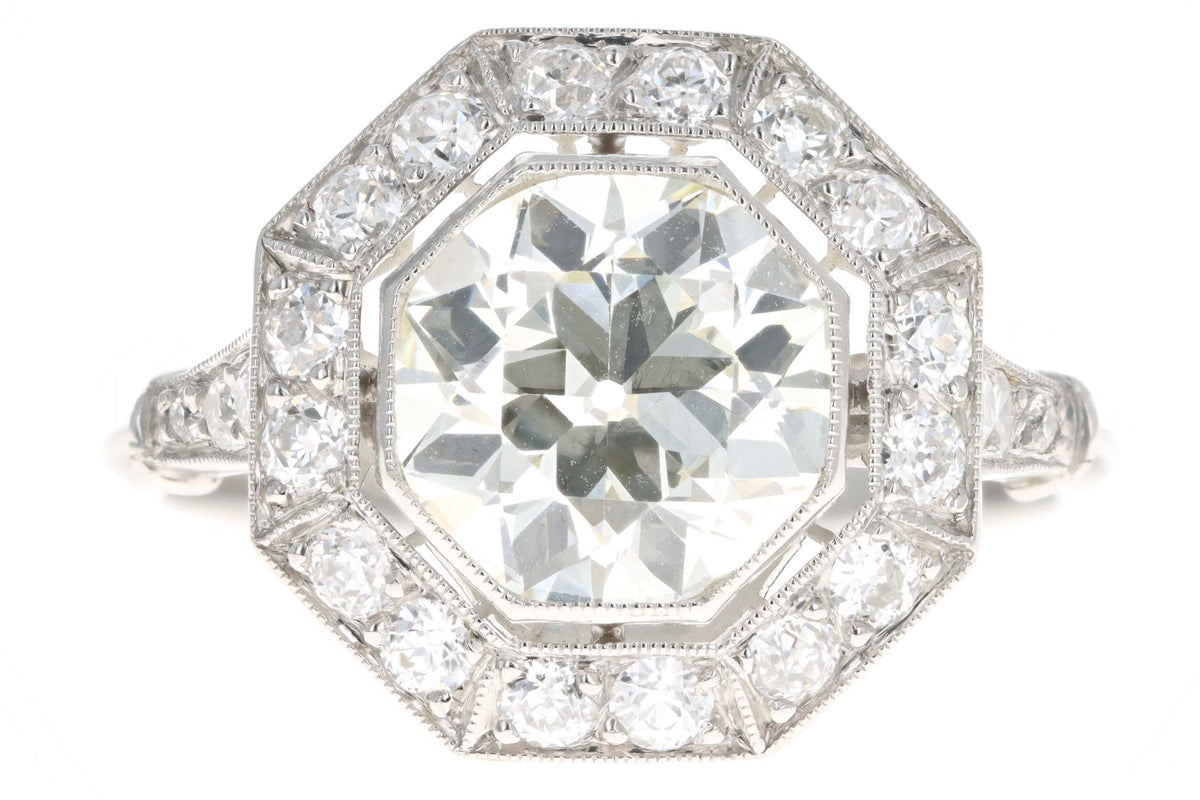 Art Deco Inspired Platinum 2.35 Carat Old European Cut Diamond Engagement Ring - Queen May