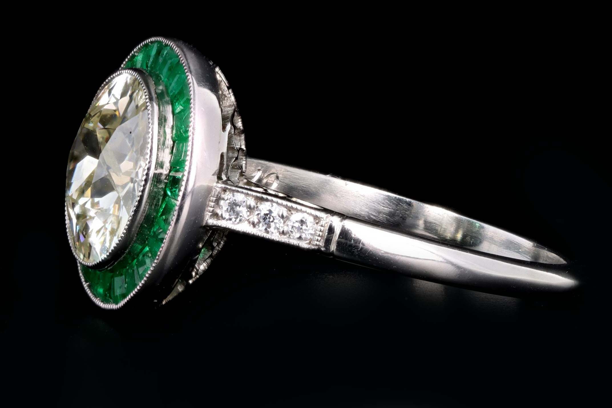 Art Deco Inspired Platinum 2.10 Carat Old European Cut Diamond & Natural Emerald Halo Engagement Ring - Queen May