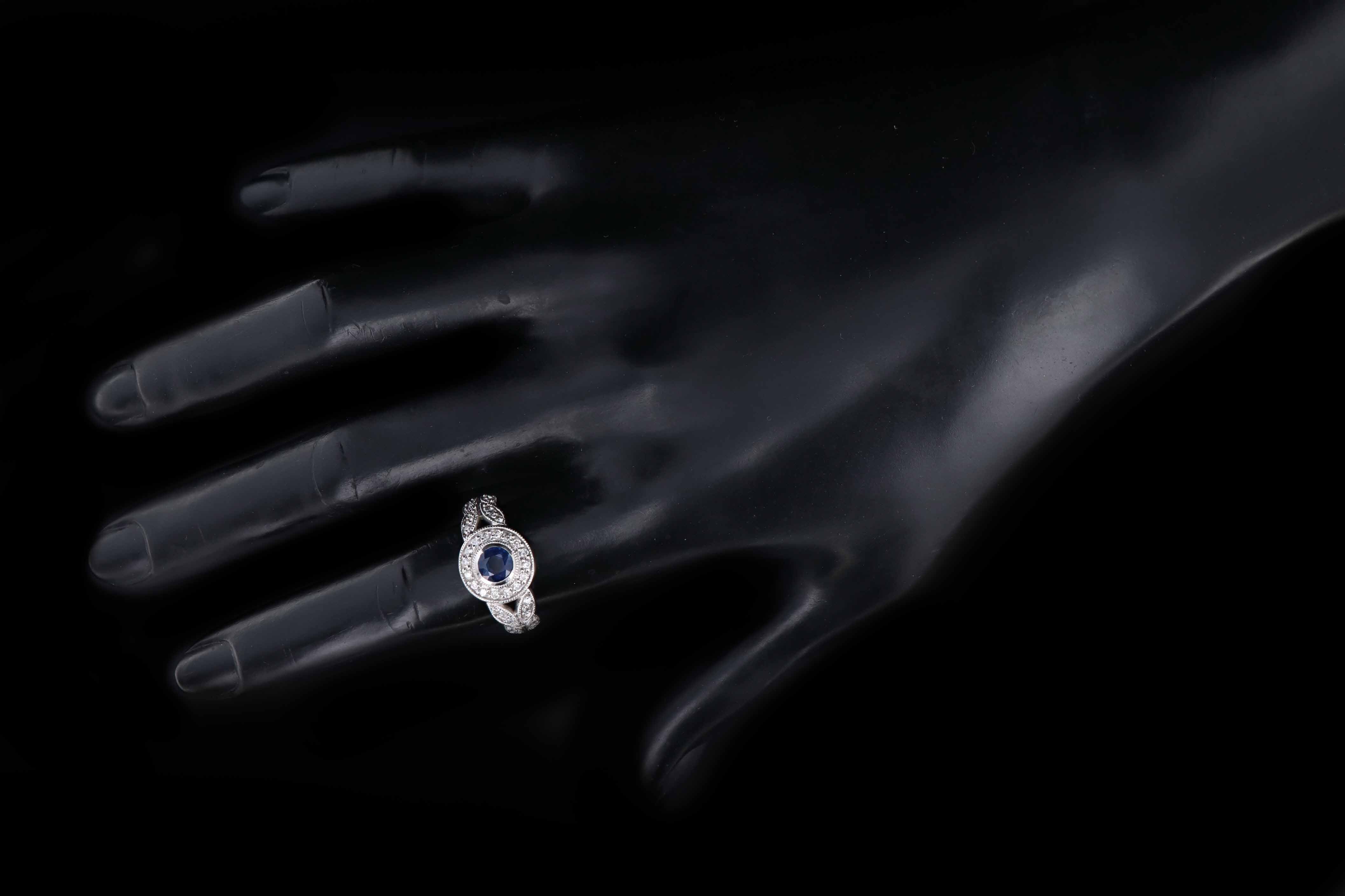 14K White Gold .50 Carat Round Natural Sapphire & Diamond Halo Ring - Queen May