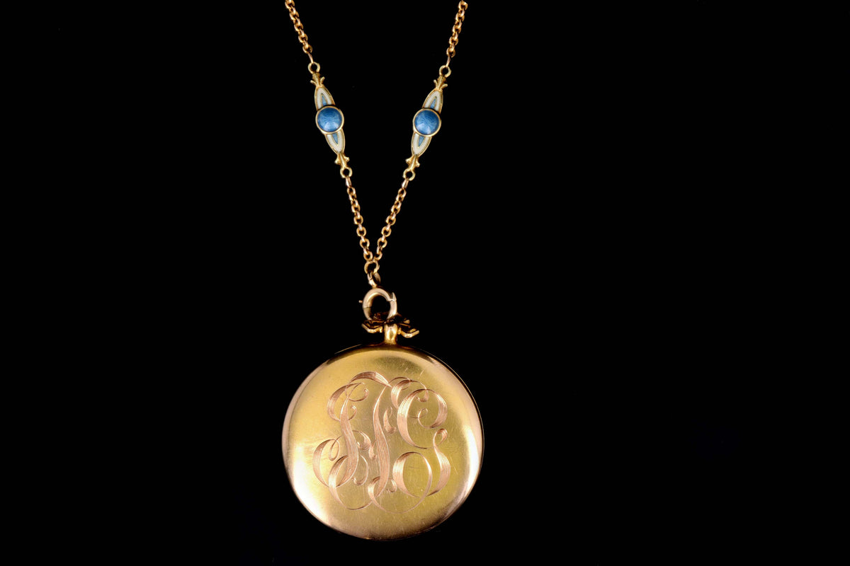 Alling & Co. 14K Art Nouveau Blue Guilloche Enamel Locket Necklace Newark NJ - Queen May