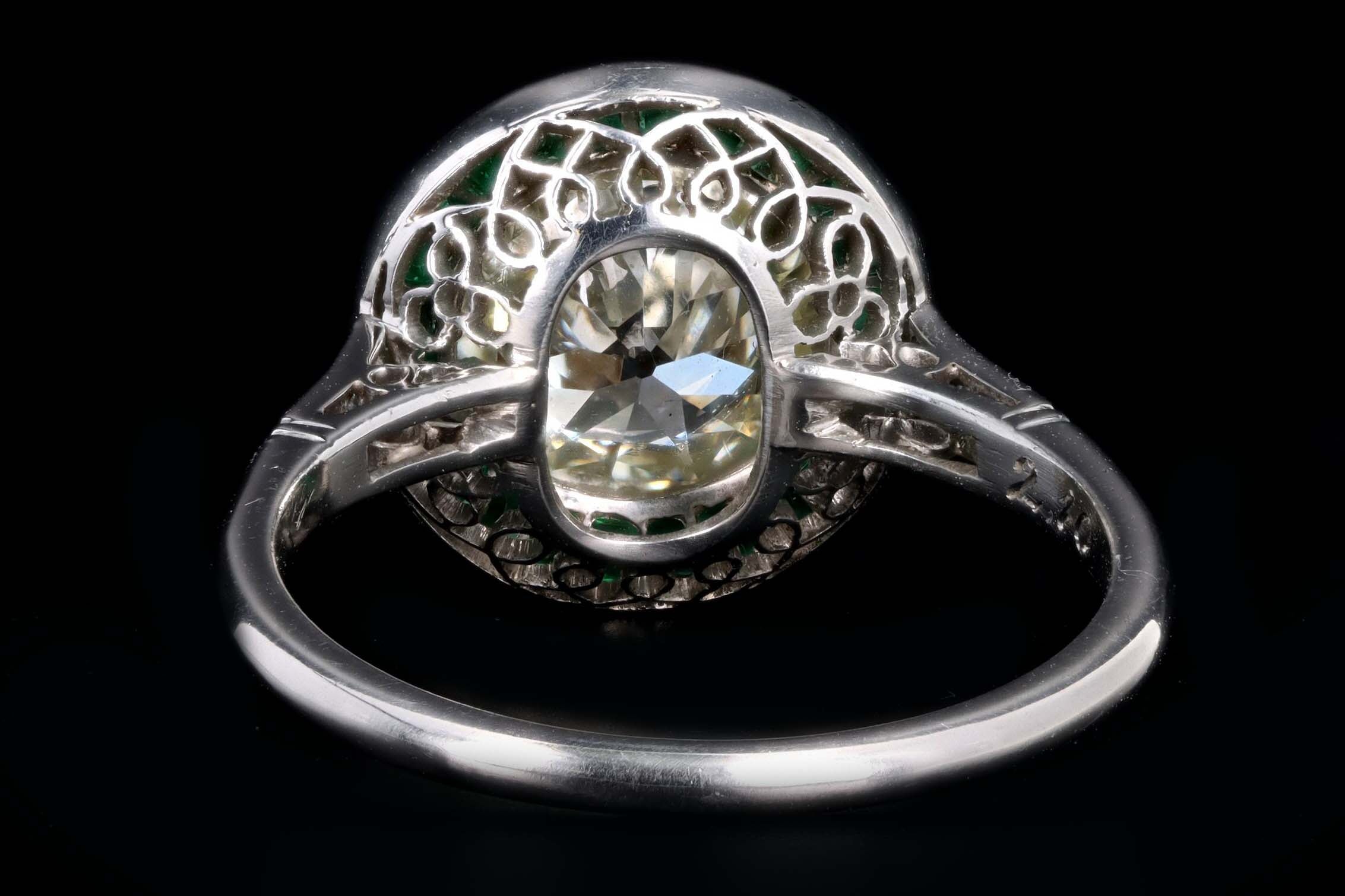 Art Deco Inspired Platinum 2.10 Carat Old European Cut Diamond & Natural Emerald Halo Engagement Ring - Queen May