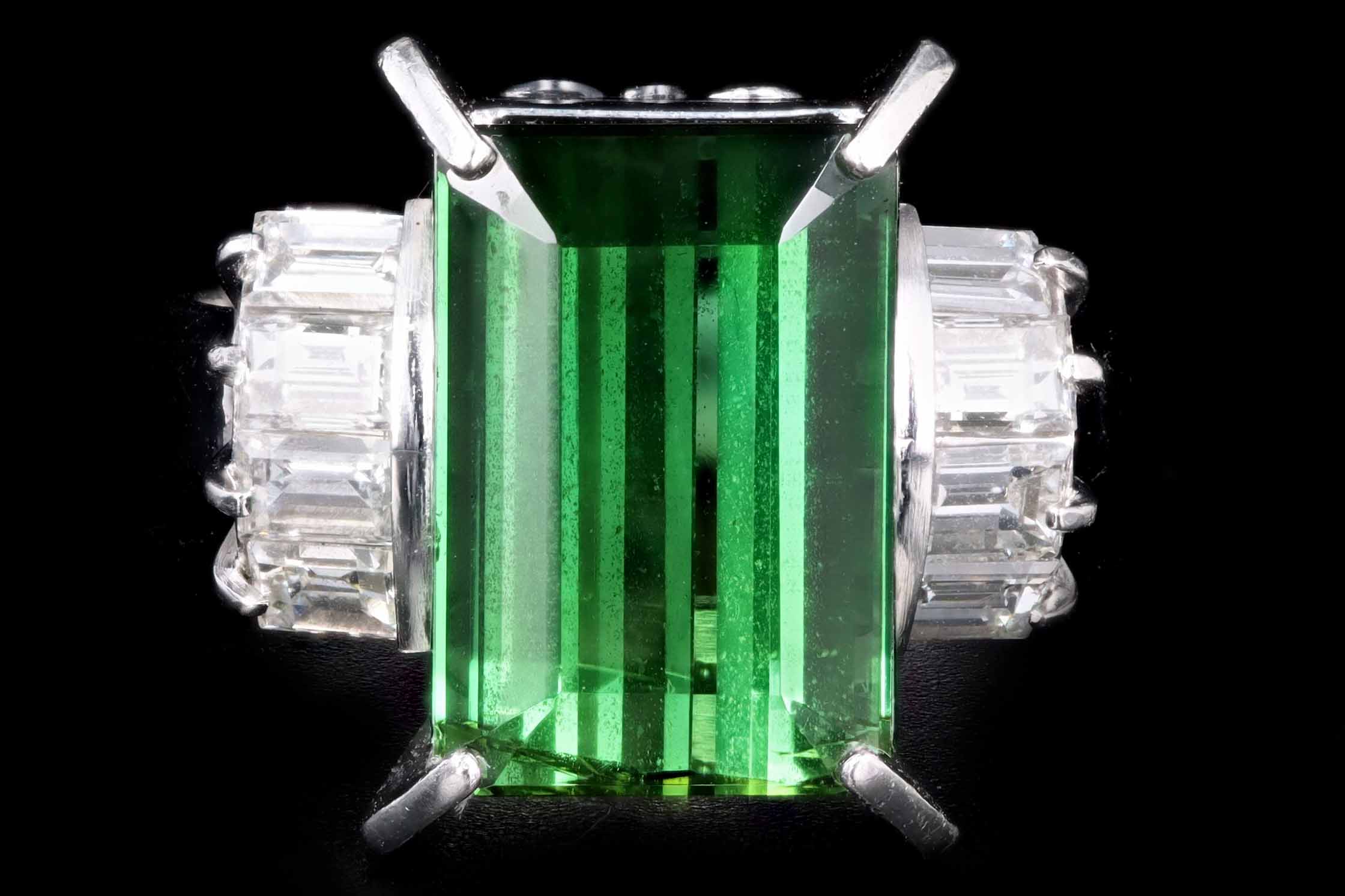 Platinum 5.63 Carat Emerald Cut Green Tourmaline & Baguette Diamond Ring - Queen May