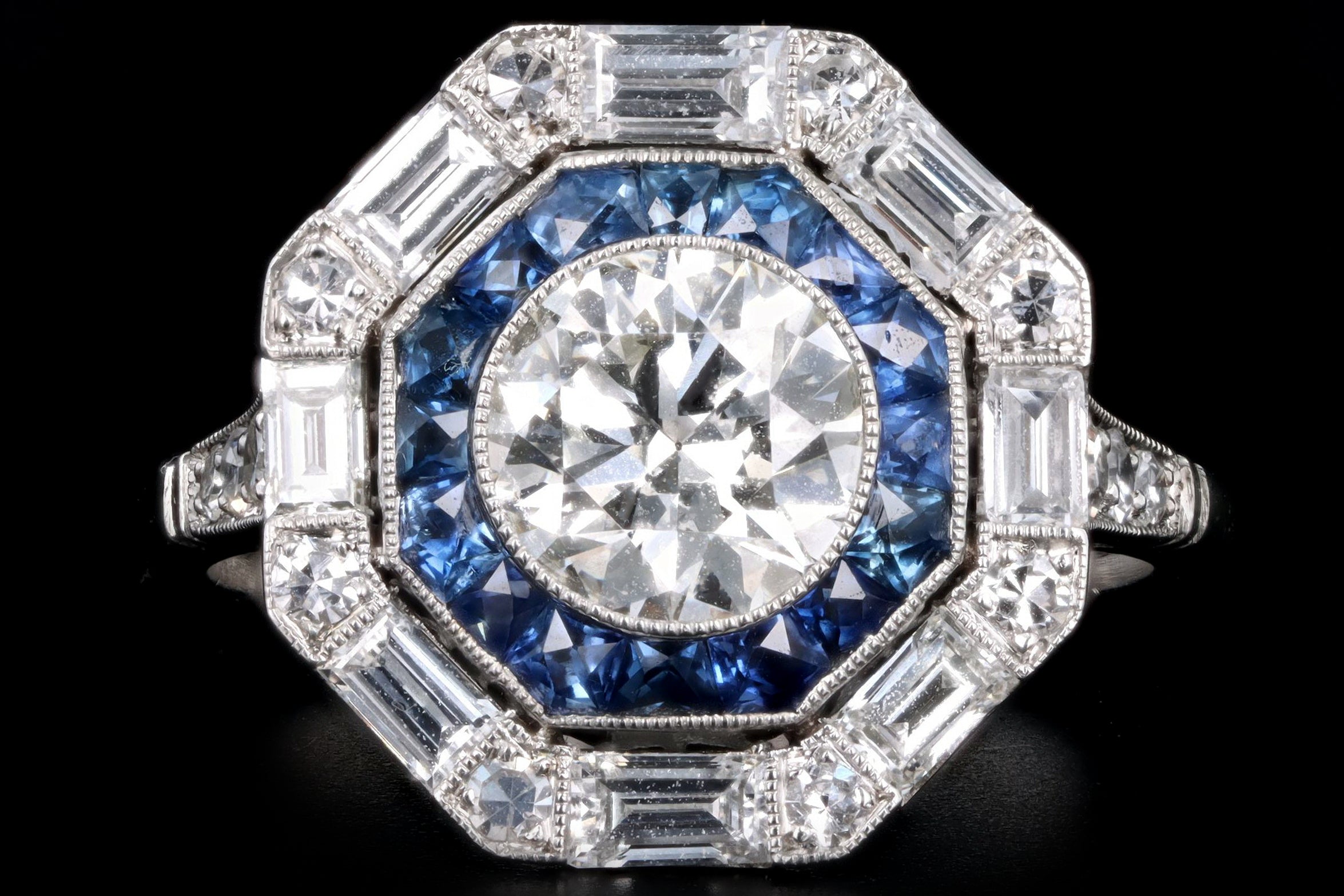 Art Deco Inspired 1.15 Carat Old European Cut Diamond & Sapphire Halo Engagement Ring - Queen May
