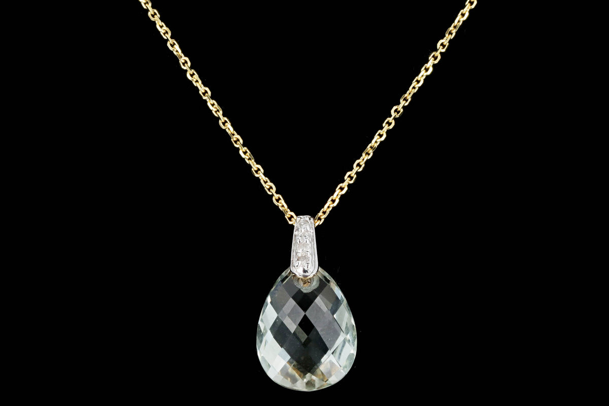 14K Yellow Gold Briolette Cut Prasiolite & Diamond Pendant Necklace - Queen May