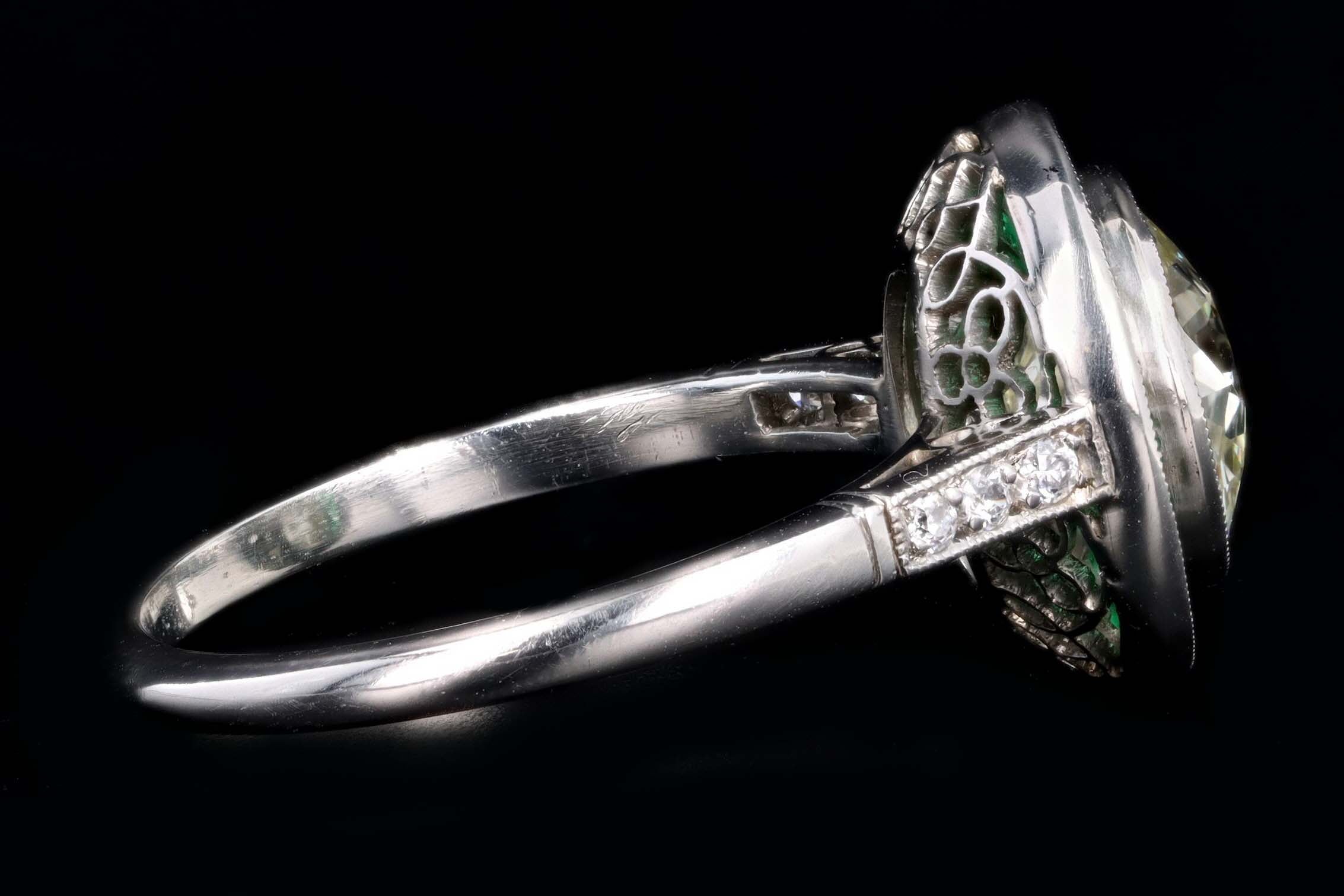 Art Deco Inspired Platinum 2.10 Carat Old European Cut Diamond & Natural Emerald Halo Engagement Ring - Queen May