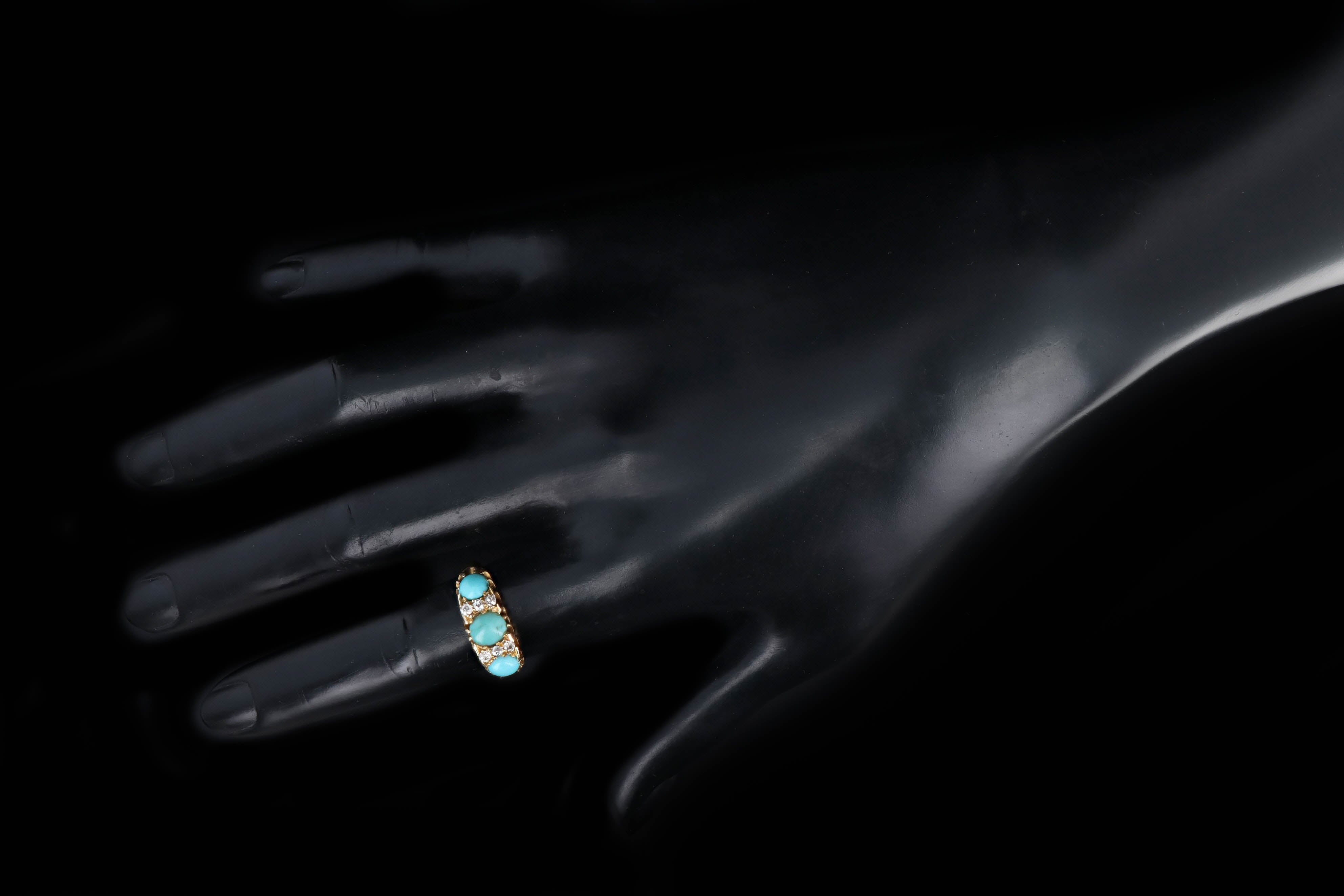 Victorian 18K Yellow Gold Cabochon Cut Turquoise & Old Mine Cut Diamond Three Stone Ring - Queen May