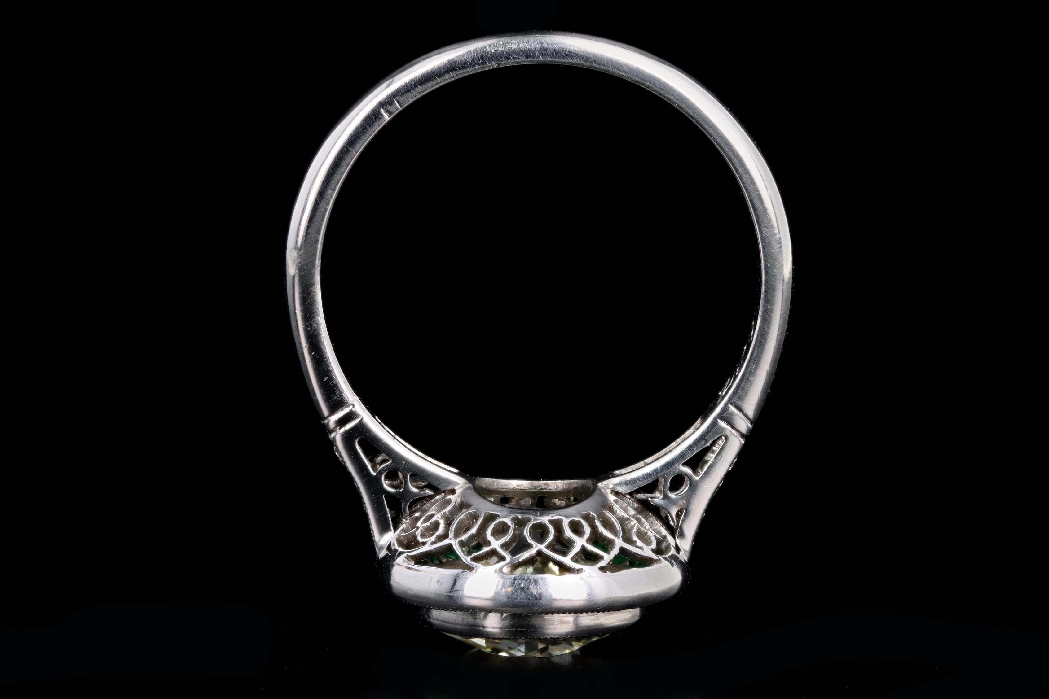 Art Deco Inspired Platinum 2.10 Carat Old European Cut Diamond & Natural Emerald Halo Engagement Ring - Queen May