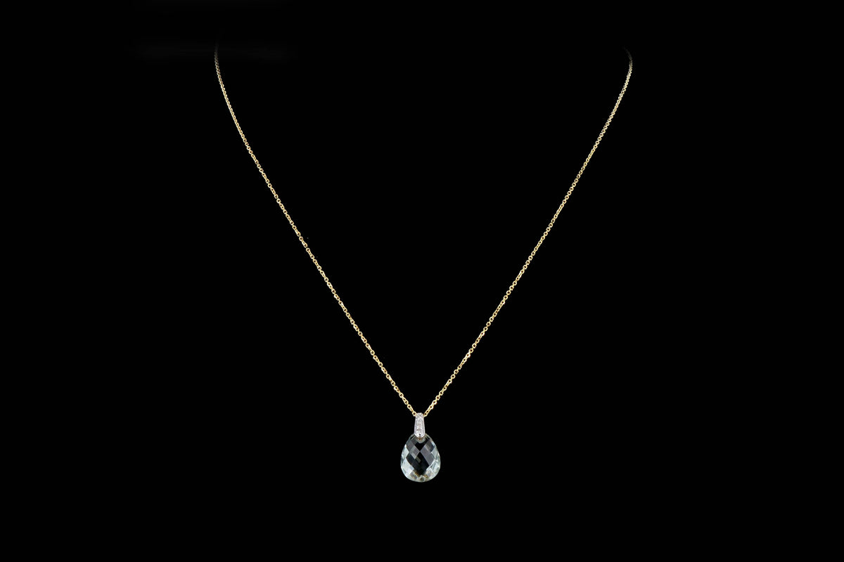 14K Yellow Gold Briolette Cut Prasiolite & Diamond Pendant Necklace - Queen May