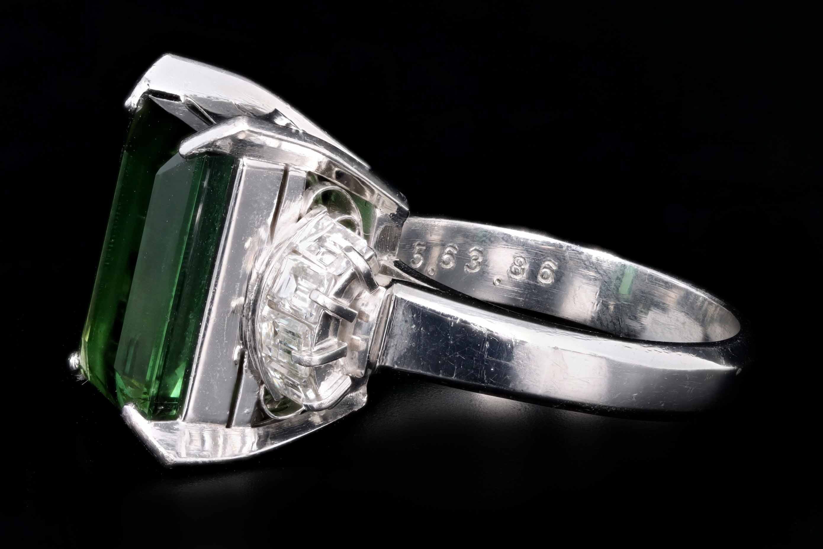 Platinum 5.63 Carat Emerald Cut Green Tourmaline & Baguette Diamond Ring - Queen May