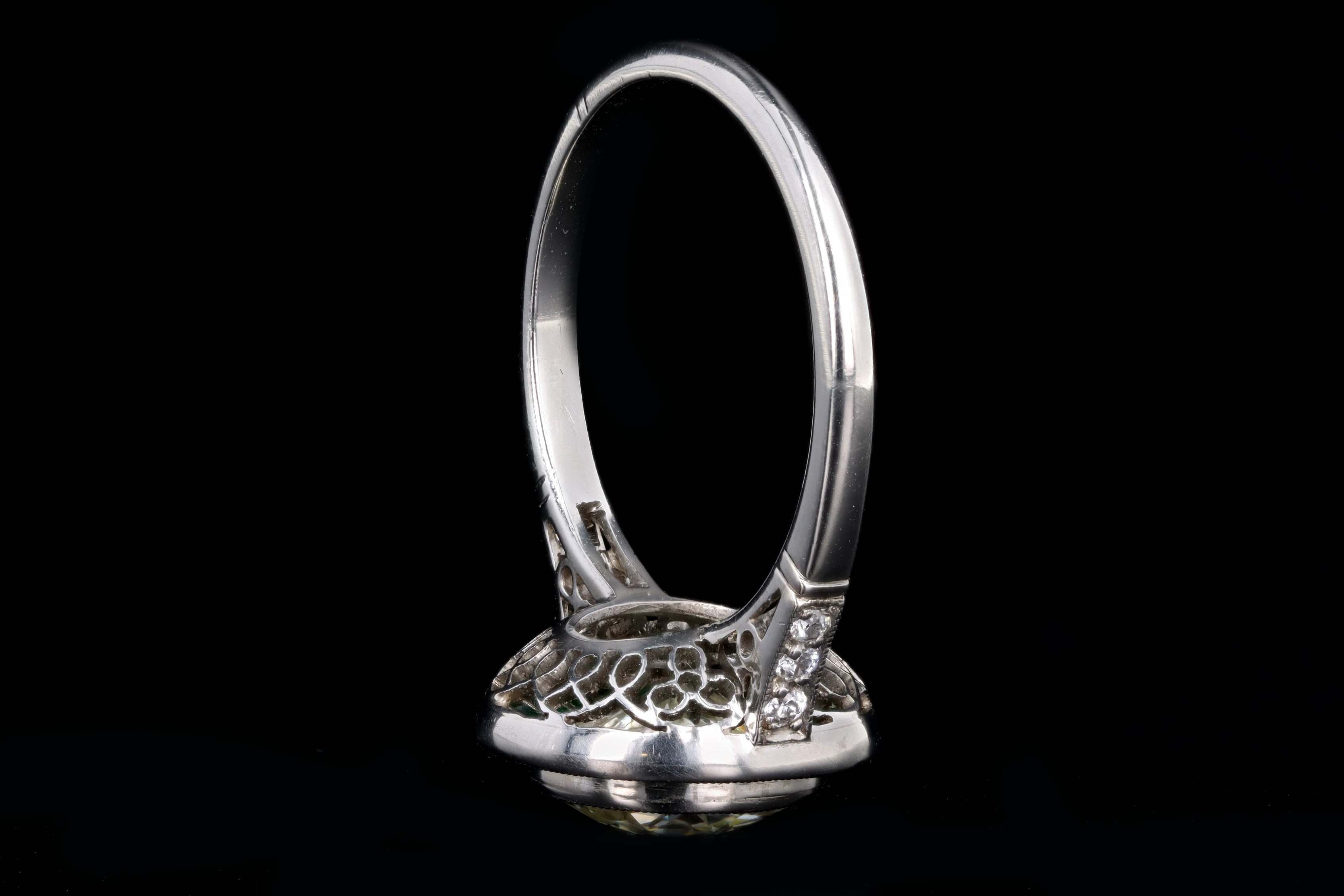 Art Deco Inspired Platinum 2.10 Carat Old European Cut Diamond & Natural Emerald Halo Engagement Ring - Queen May