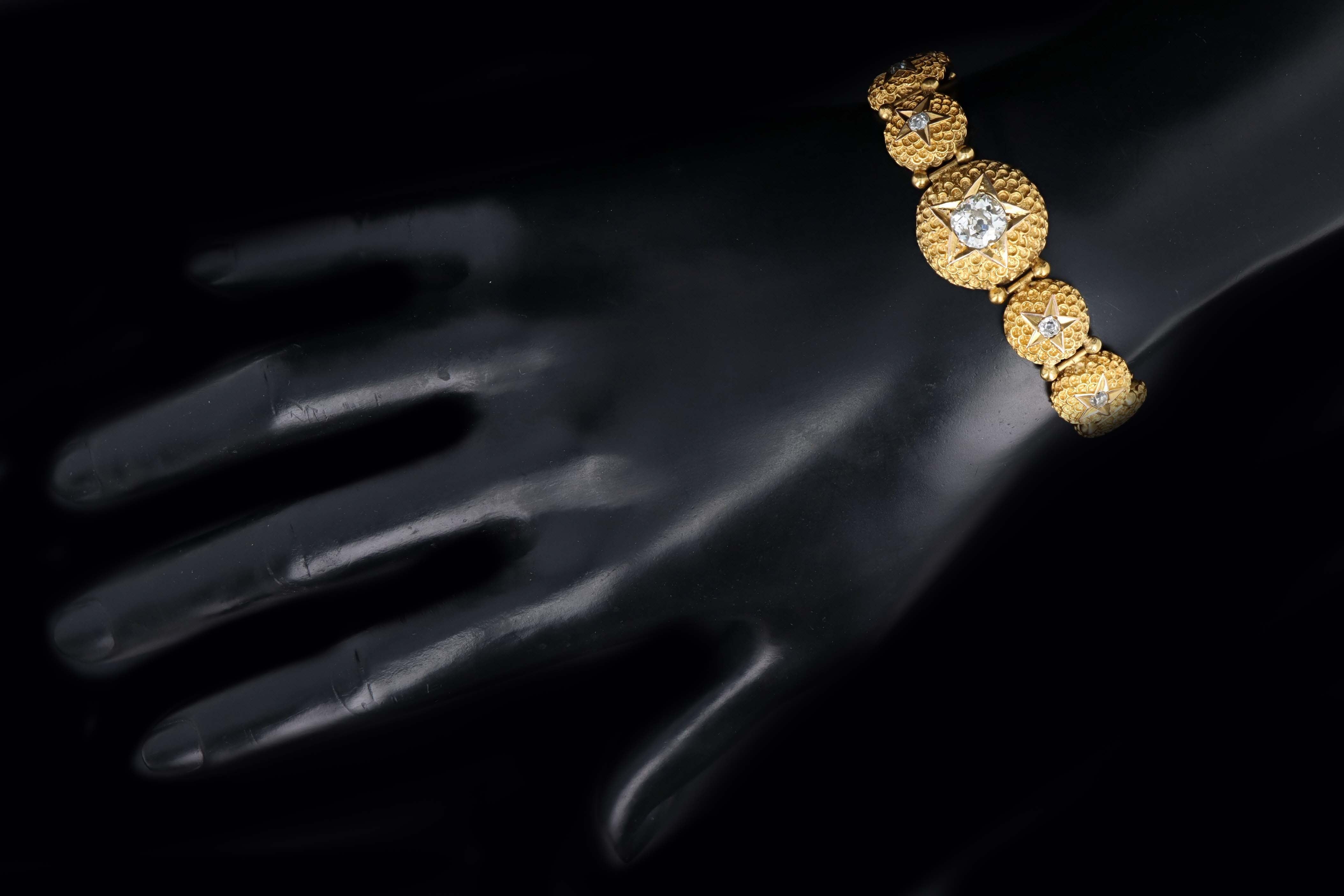 Victorian 14K Yellow Gold 1.50 Carat Old Mine Cut Diamond Starburst Button Bracelet - Queen May
