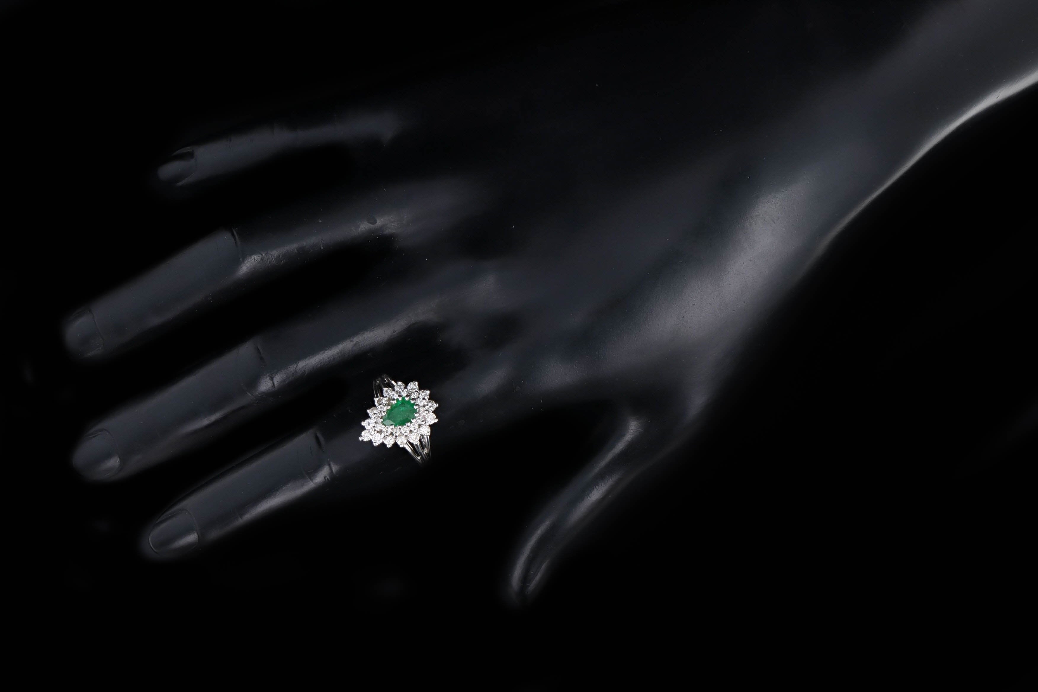Vintage 14K White Gold .50 Carat Pear Cut Emerald & Diamond Halo Ring - Queen May