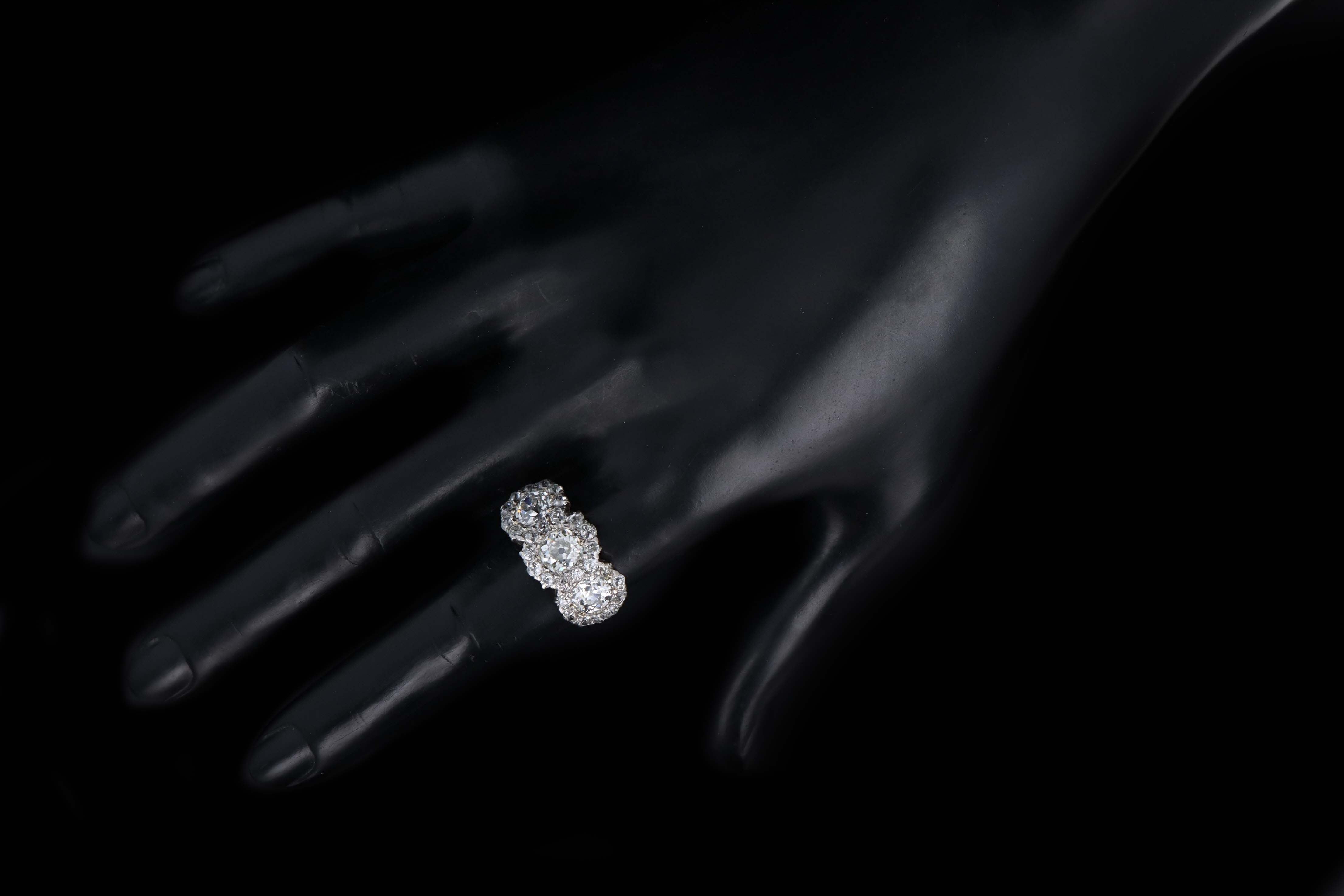 Victorian 18K Yellow Gold & Platinum Three Stone Old Mine Cut Diamond Cluster Ring - Queen May