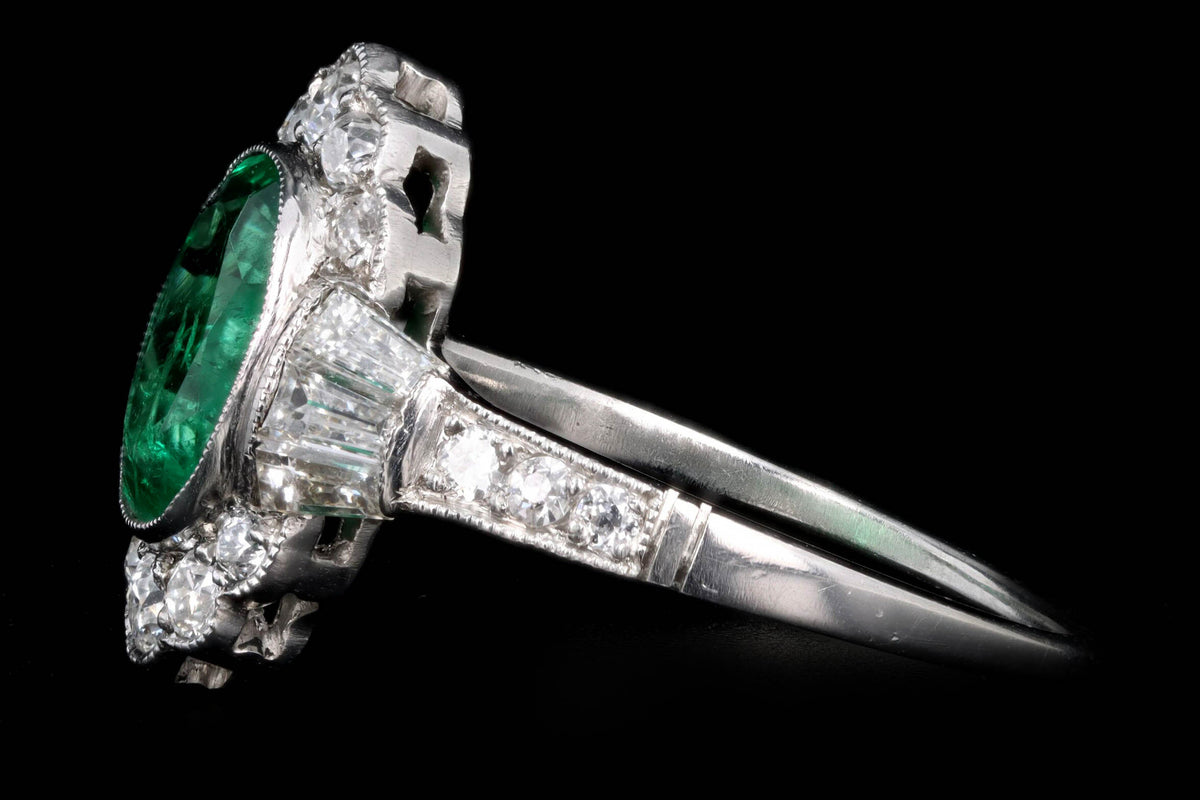 Art Deco Inspired Platinum 1.25 Carat Oval Cut Natural Emerald & Old European Cut Diamond Ring - Queen May