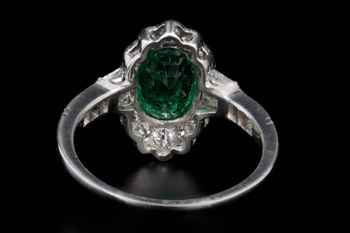 Art Deco Inspired Platinum 1.25 Carat Oval Cut Natural Emerald & Old European Cut Diamond Ring - Queen May