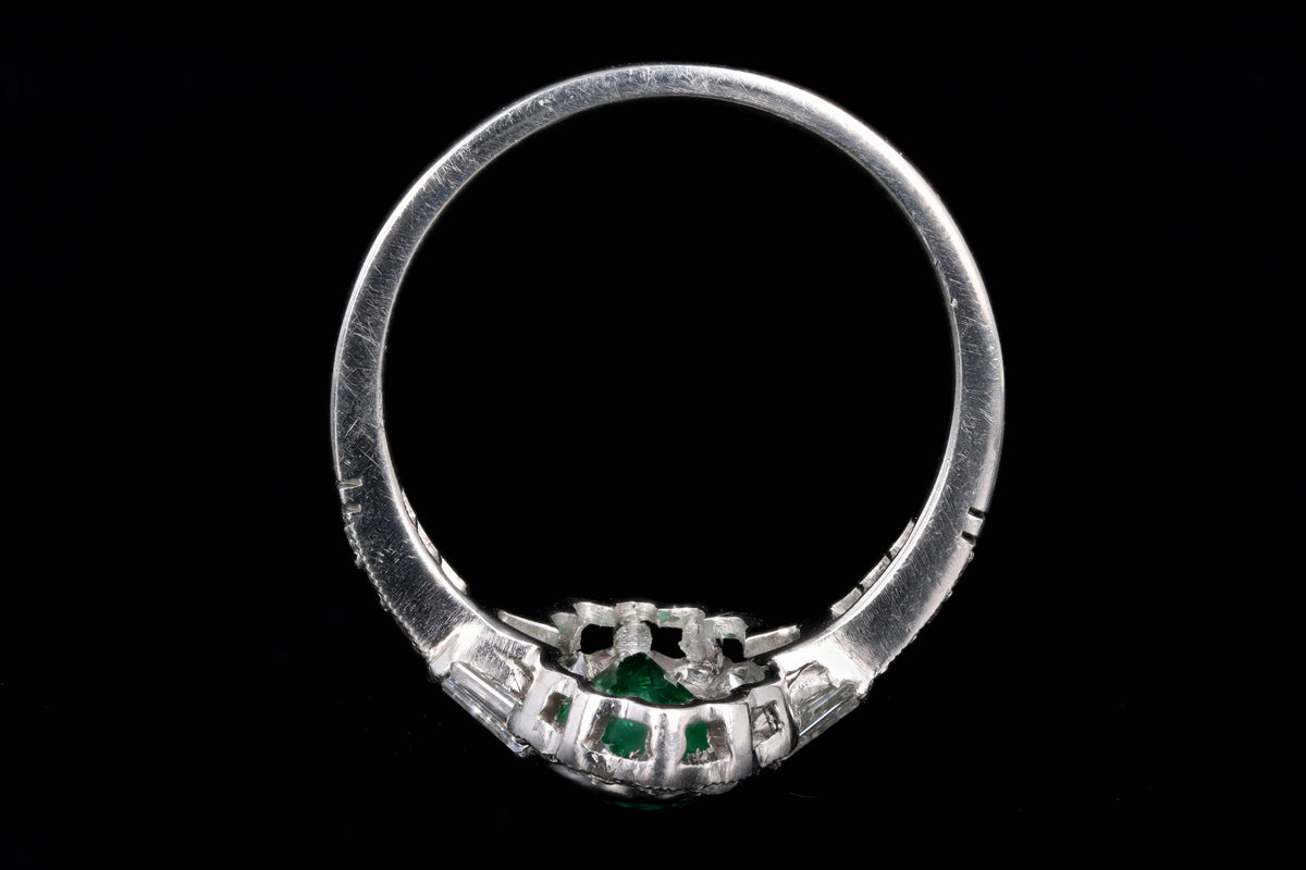 Art Deco Inspired Platinum 1.25 Carat Oval Cut Natural Emerald & Old European Cut Diamond Ring - Queen May