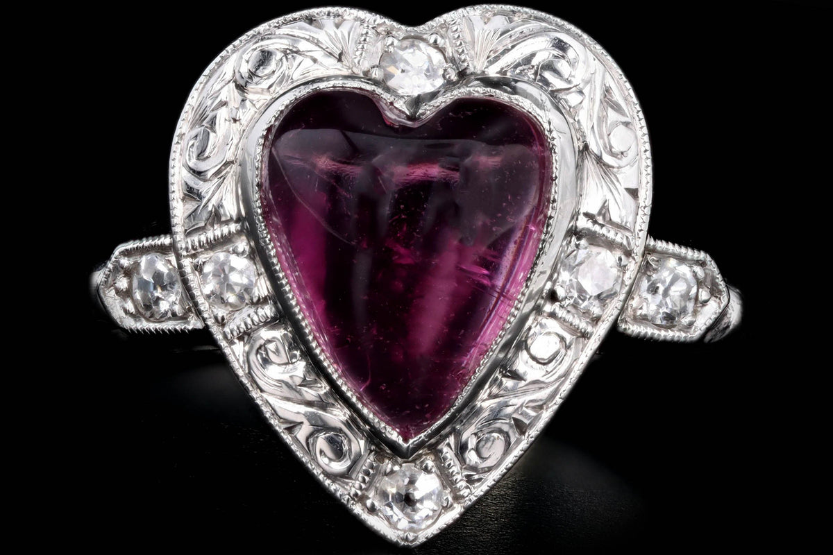 Art Deco Platinum Heart Cabochon Cut Pink Tourmaline & Diamond Ring - Queen May