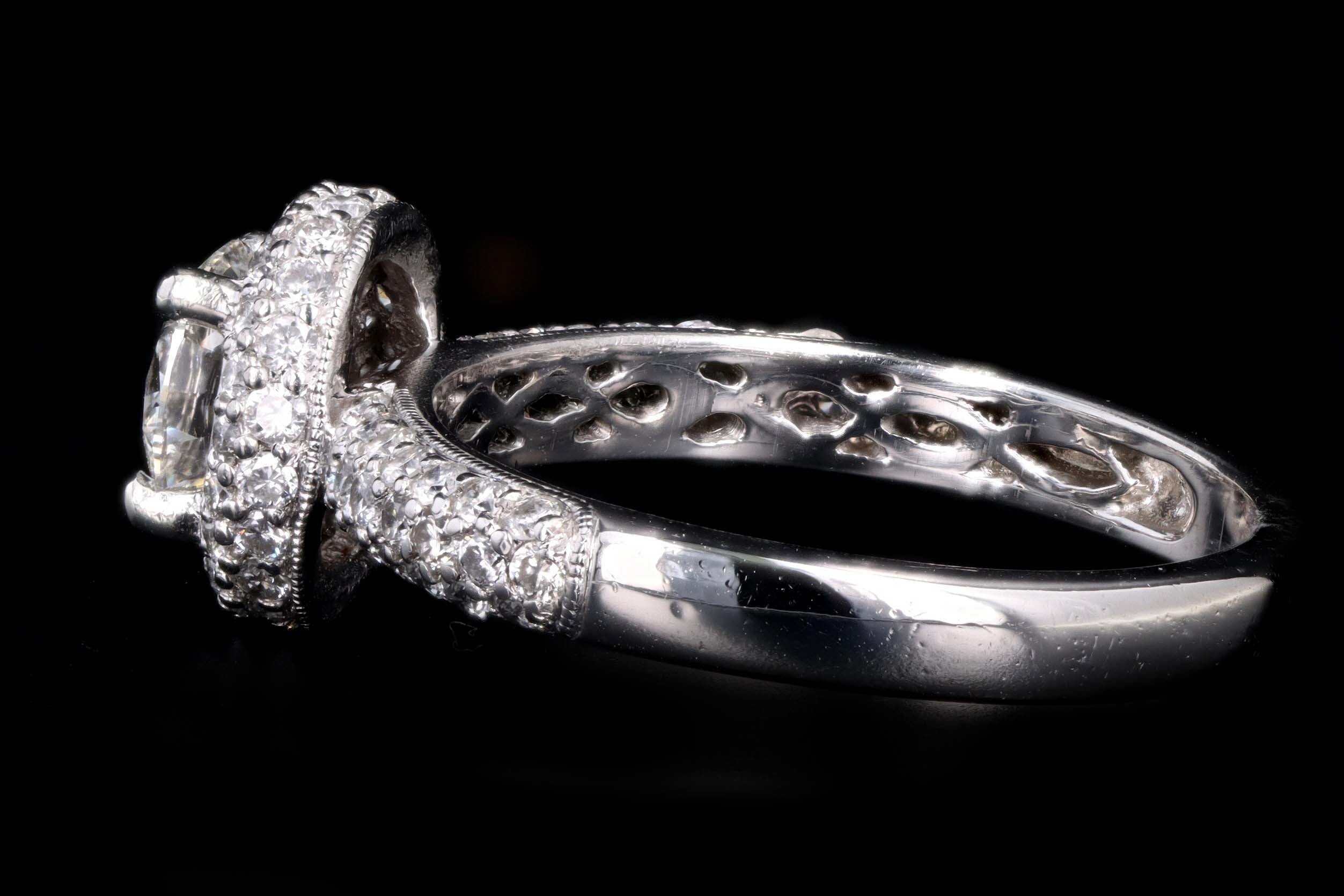 Platinum .75 Carat Round Brilliant Diamond Pave Halo Engagement Ring - Queen May