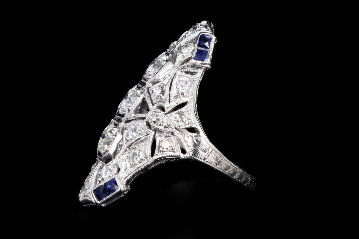 Art Deco Platinum Old European Cut Diamond Three Stone and French Cut Sapphire Hand Engraved Shield Ring - Queen May