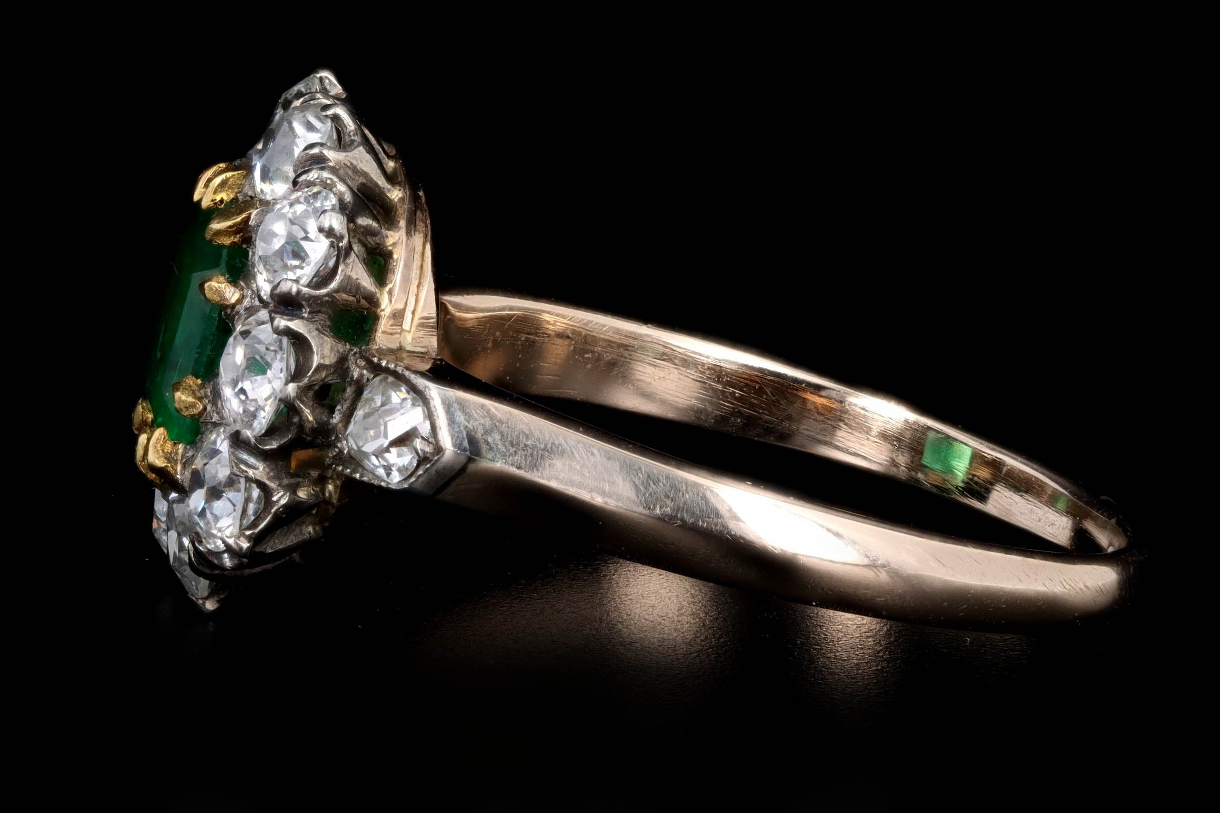 Victorian Inspired 18K Yellow Gold & Platinum 0.77 Carat Natural Emerald & Old European Cut Diamond Halo Cluster Ring - Queen May