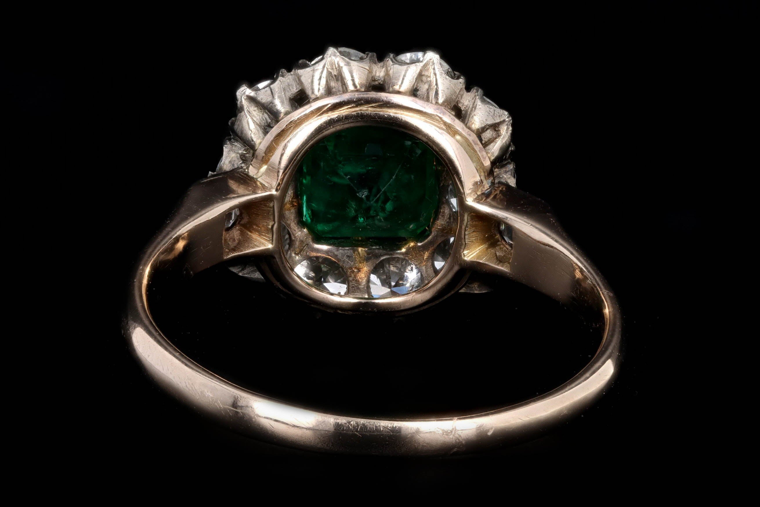 Victorian Inspired 18K Yellow Gold & Platinum 0.77 Carat Natural Emerald & Old European Cut Diamond Halo Cluster Ring - Queen May