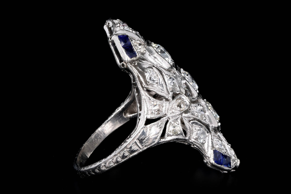 Art Deco Platinum Old European Cut Diamond Three Stone and French Cut Sapphire Hand Engraved Shield Ring - Queen May