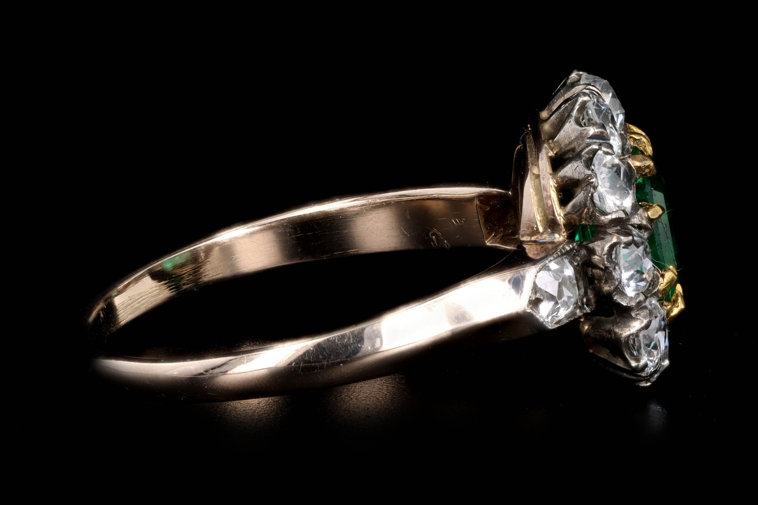 Victorian Inspired 18K Yellow Gold & Platinum 0.77 Carat Natural Emerald & Old European Cut Diamond Halo Cluster Ring - Queen May