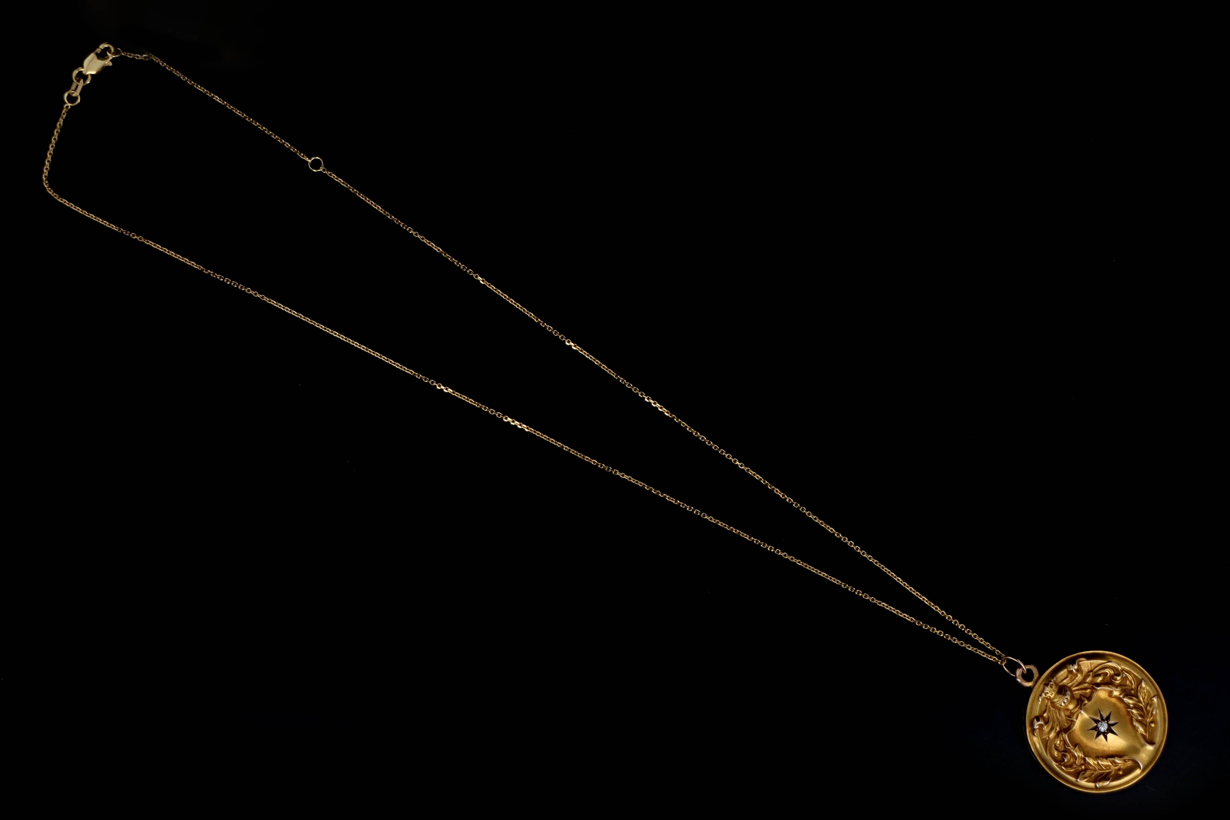 Victorian 14K Yellow Gold 0.03 Carat Old Mine Cut Diamond Engraved Locket Necklace - Queen May