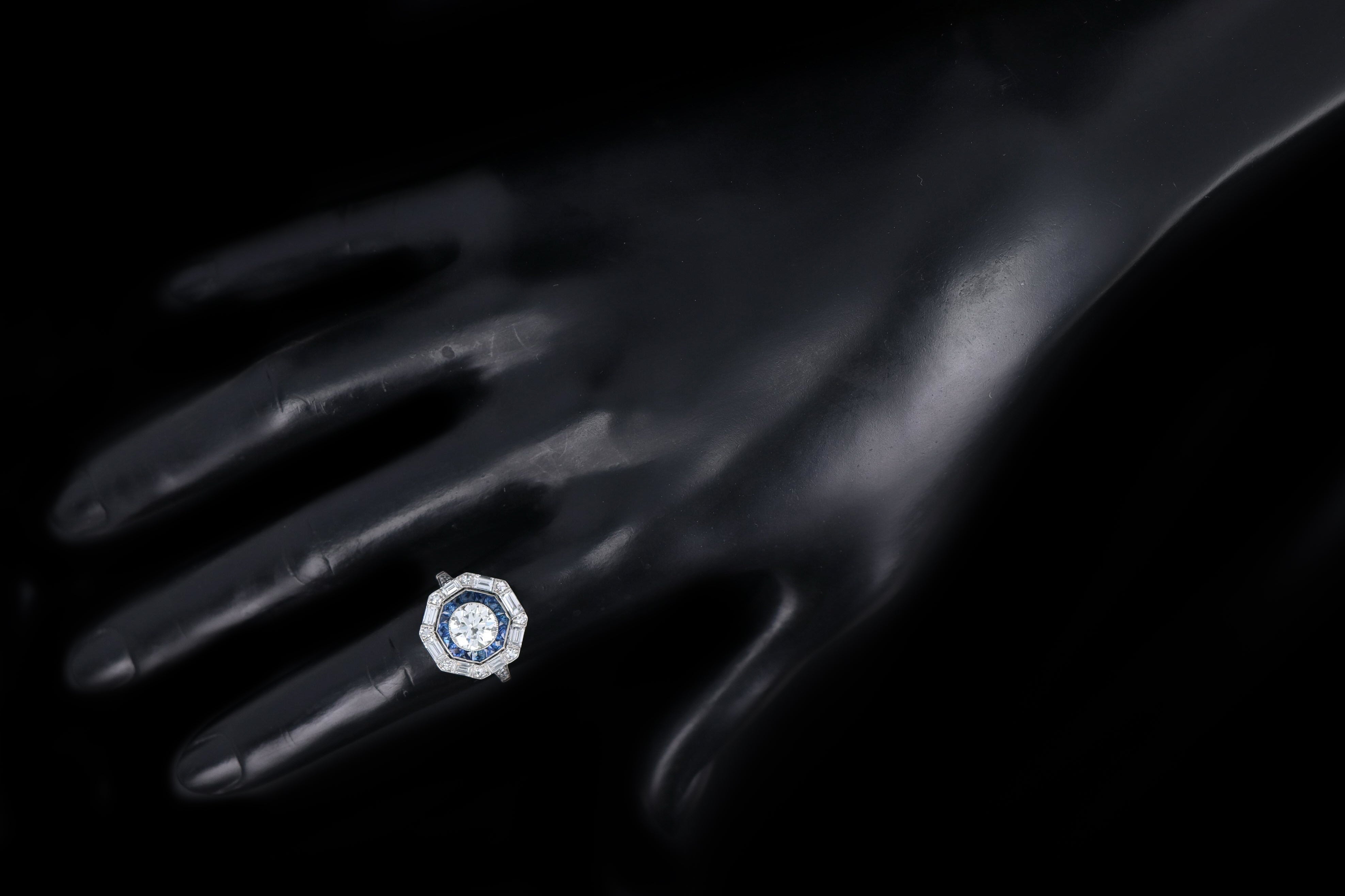 Art Deco Inspired 1.15 Carat Old European Cut Diamond & Sapphire Halo Engagement Ring - Queen May