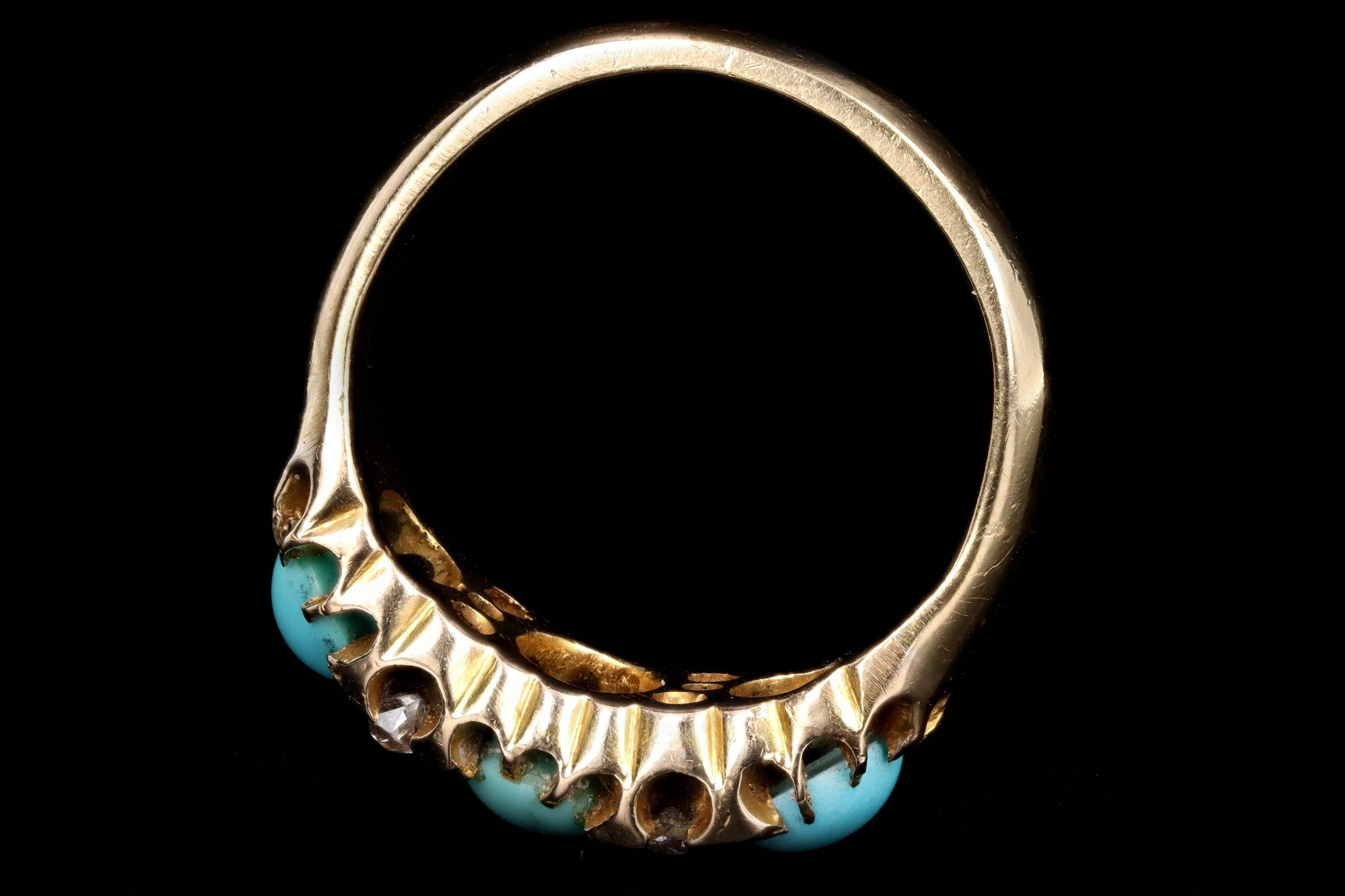 Victorian 18K Yellow Gold Cabochon Cut Turquoise & Old Mine Cut Diamond Three Stone Ring - Queen May