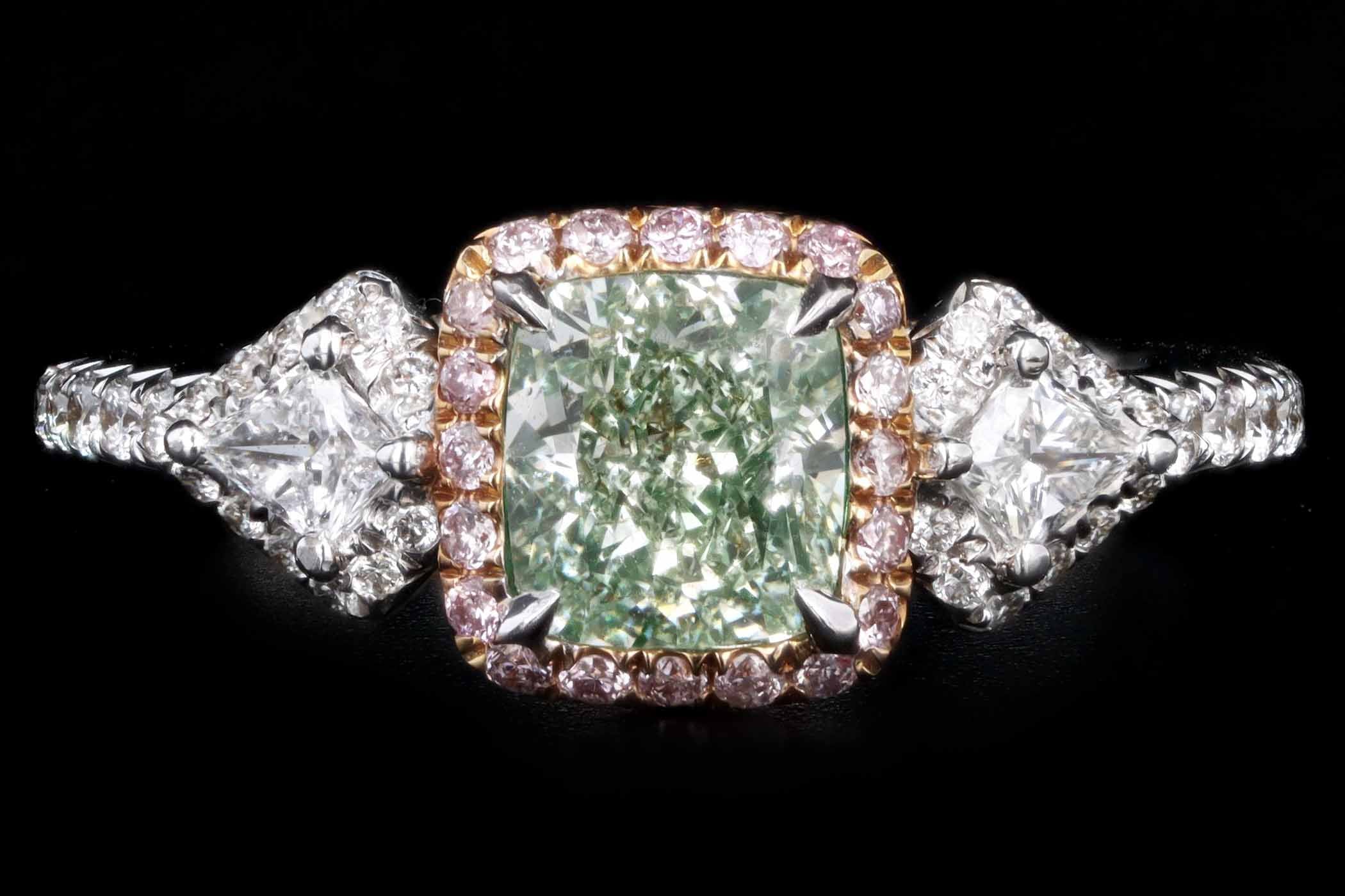 18K White Gold 1.01 Carat Cushion Cut Natural Fancy Yellowish Green Diamond & Light Pink Diamond Engagement Ring GIA Certified - Queen May
