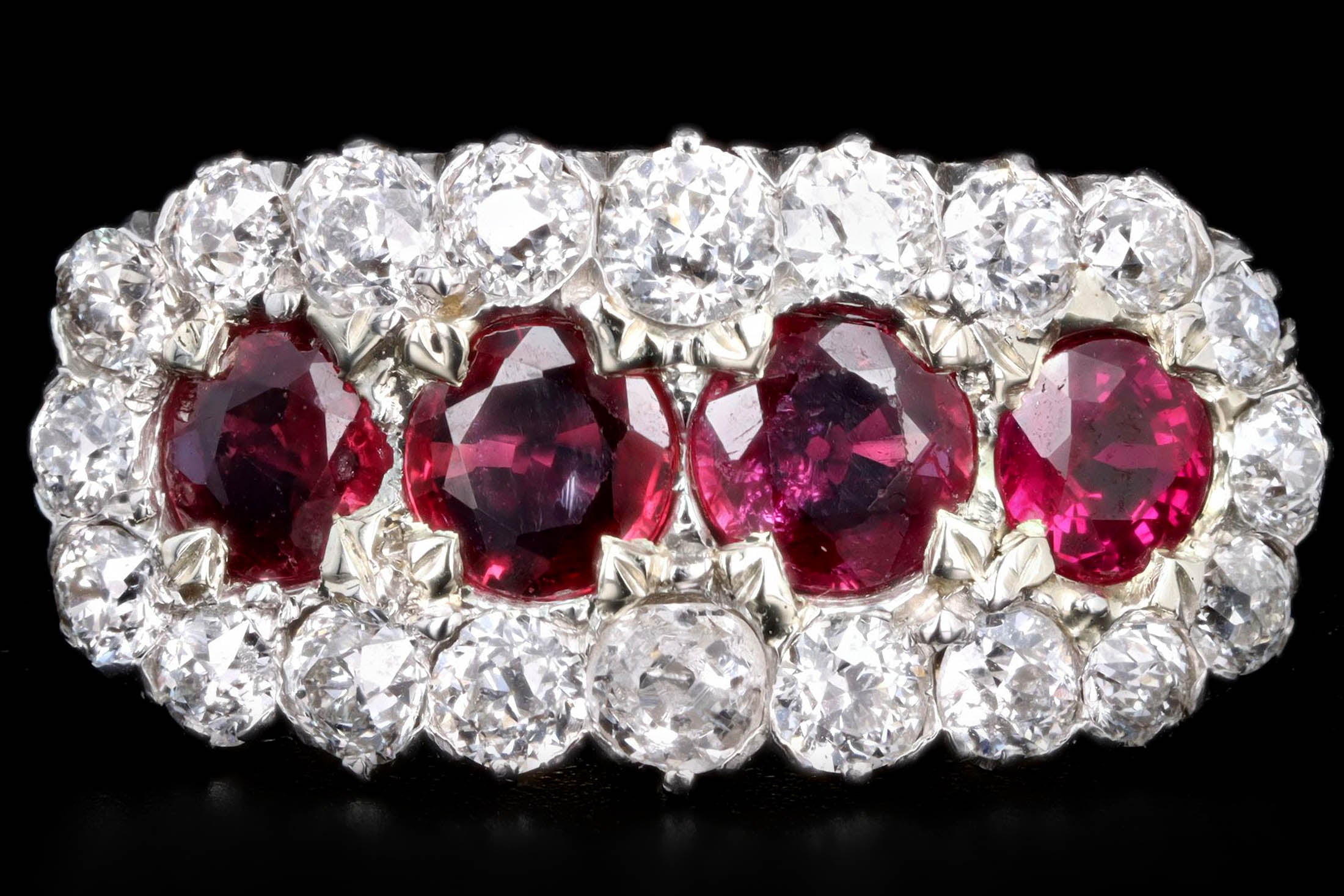 Victorian 18K Yellow Gold Four Round Natural Ruby & Old European Cut Diamond Ring - Queen May