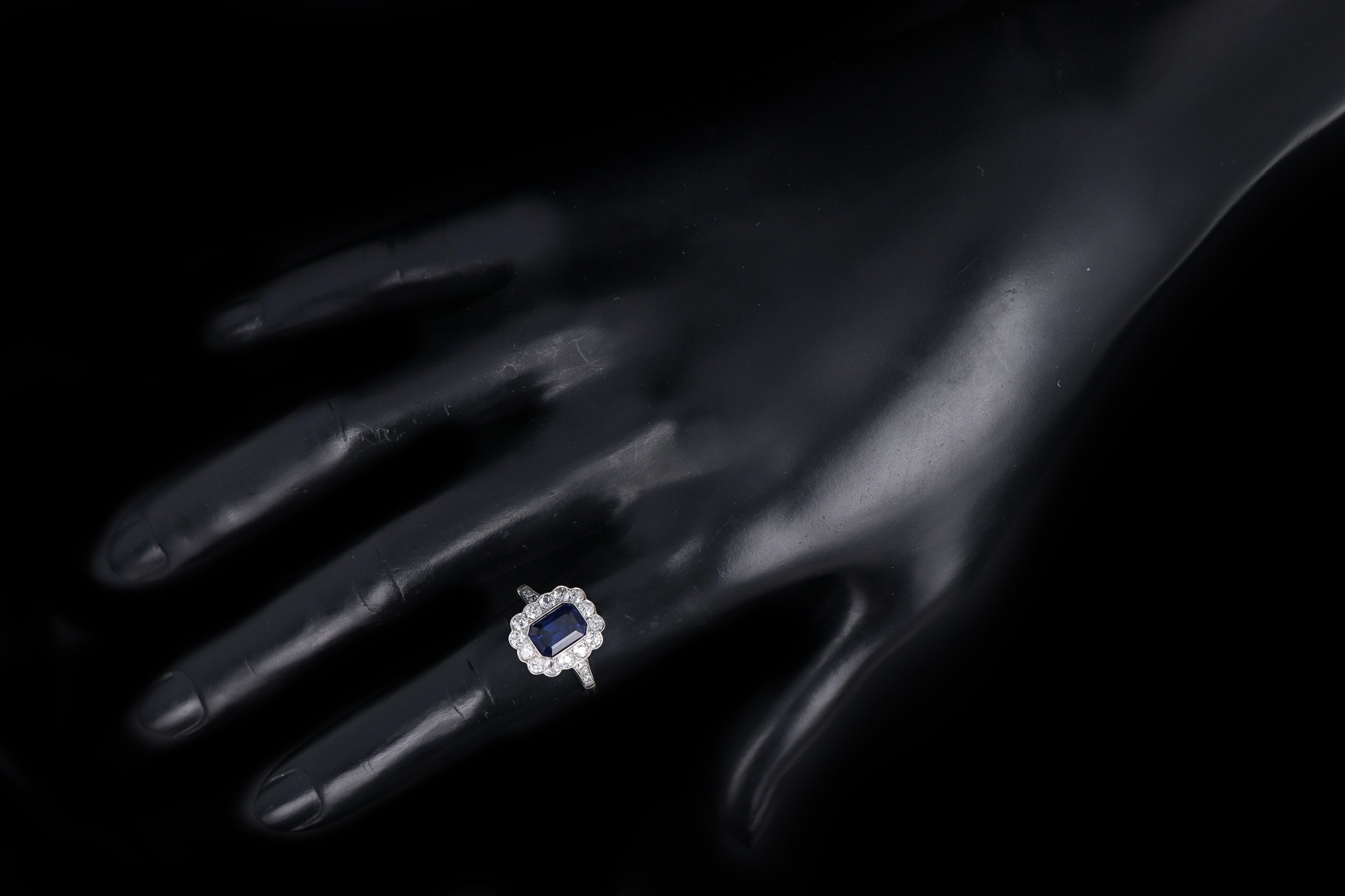 Art Deco Inspired Platinum 2.03 Carat Natural Sapphire & Diamond Halo Ring - Queen May