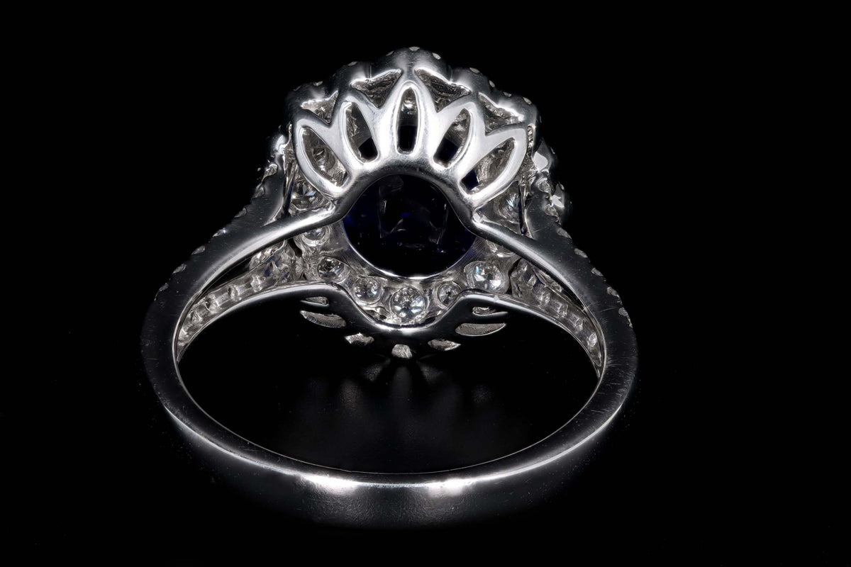 14K White Gold 3.08 Carat Cushion Cut Natural Sapphire & Diamond Halo Cluster Ring - Queen May