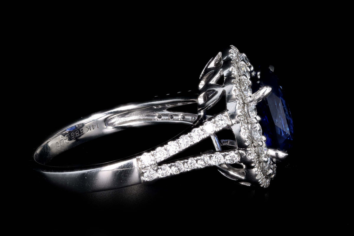 14K White Gold 3.08 Carat Cushion Cut Natural Sapphire & Diamond Halo Cluster Ring - Queen May