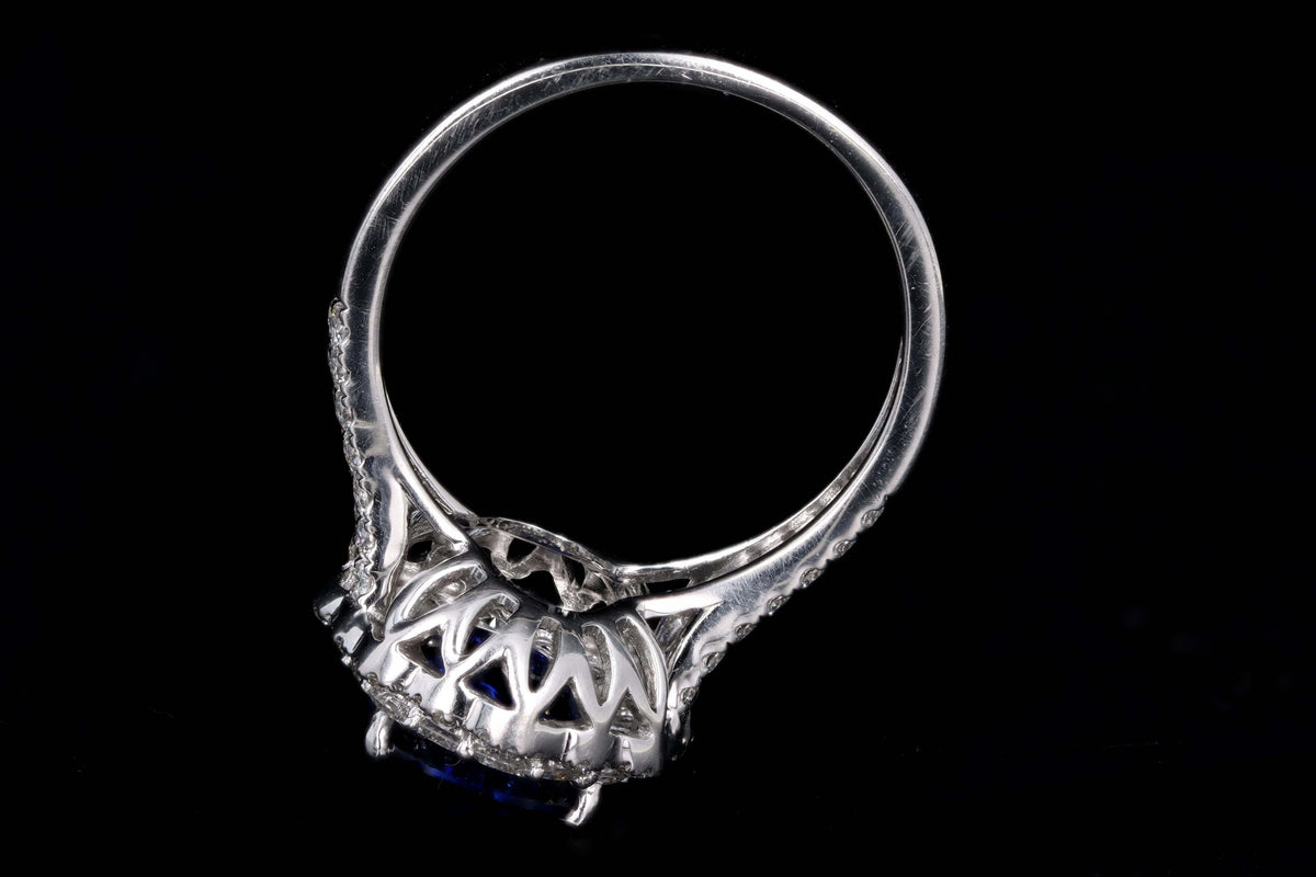 14K White Gold 3.08 Carat Cushion Cut Natural Sapphire & Diamond Halo Cluster Ring - Queen May