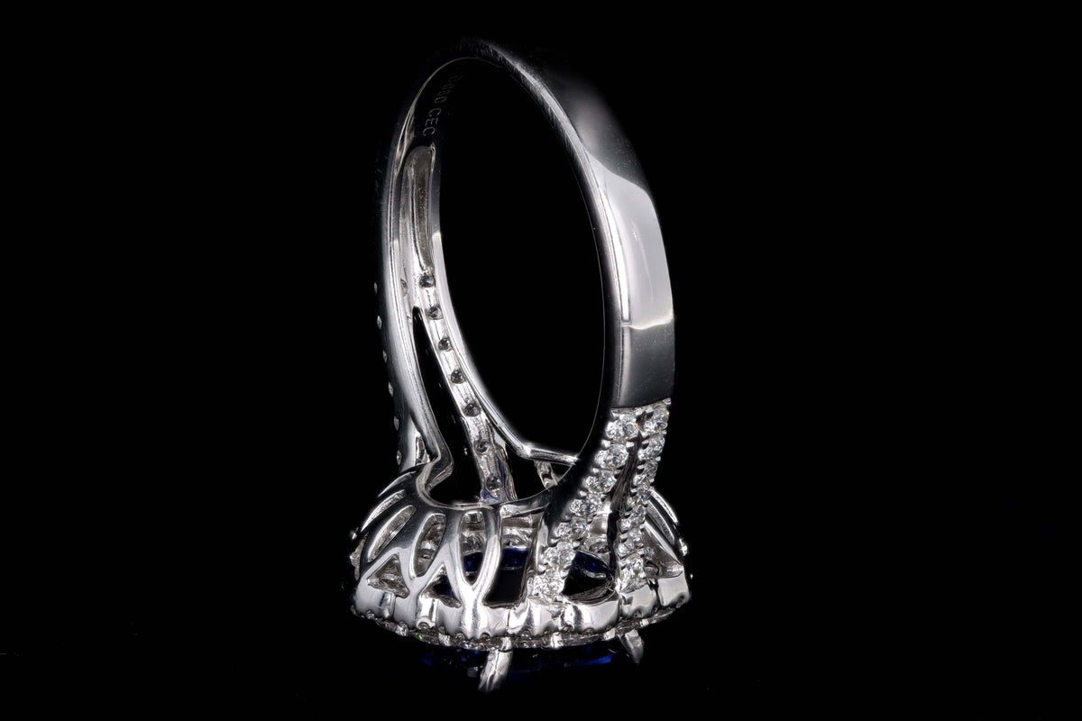 14K White Gold 3.08 Carat Cushion Cut Natural Sapphire & Diamond Halo Cluster Ring - Queen May