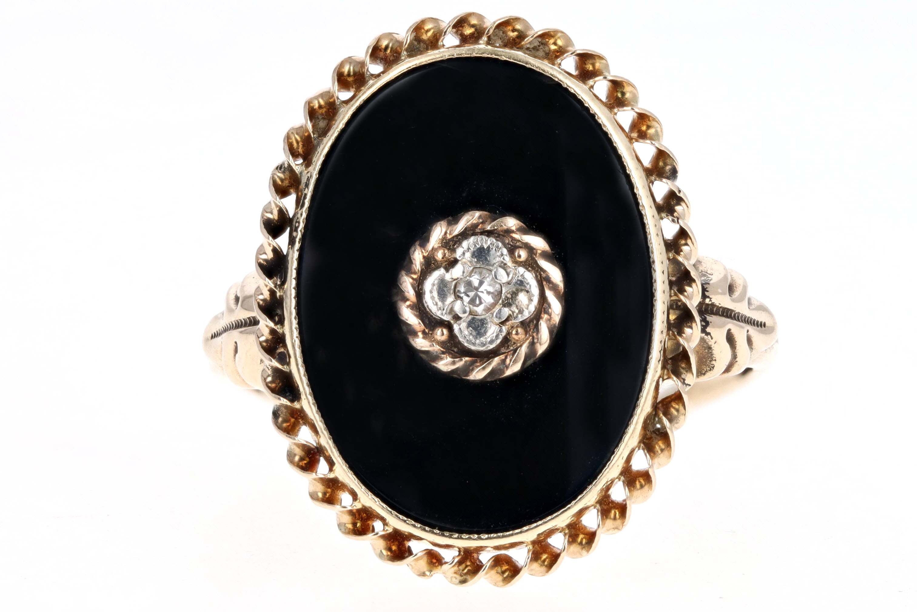 Victorian Inspired 10K Yellow Gold Onyx & Diamond Ring - Queen May