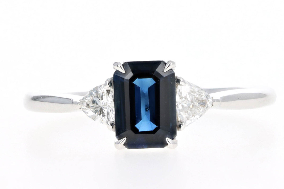 18K White Gold 1.0 Carat Emerald Cut Natural Sapphire & Trillion Diamond Three Stone Ring - Queen May