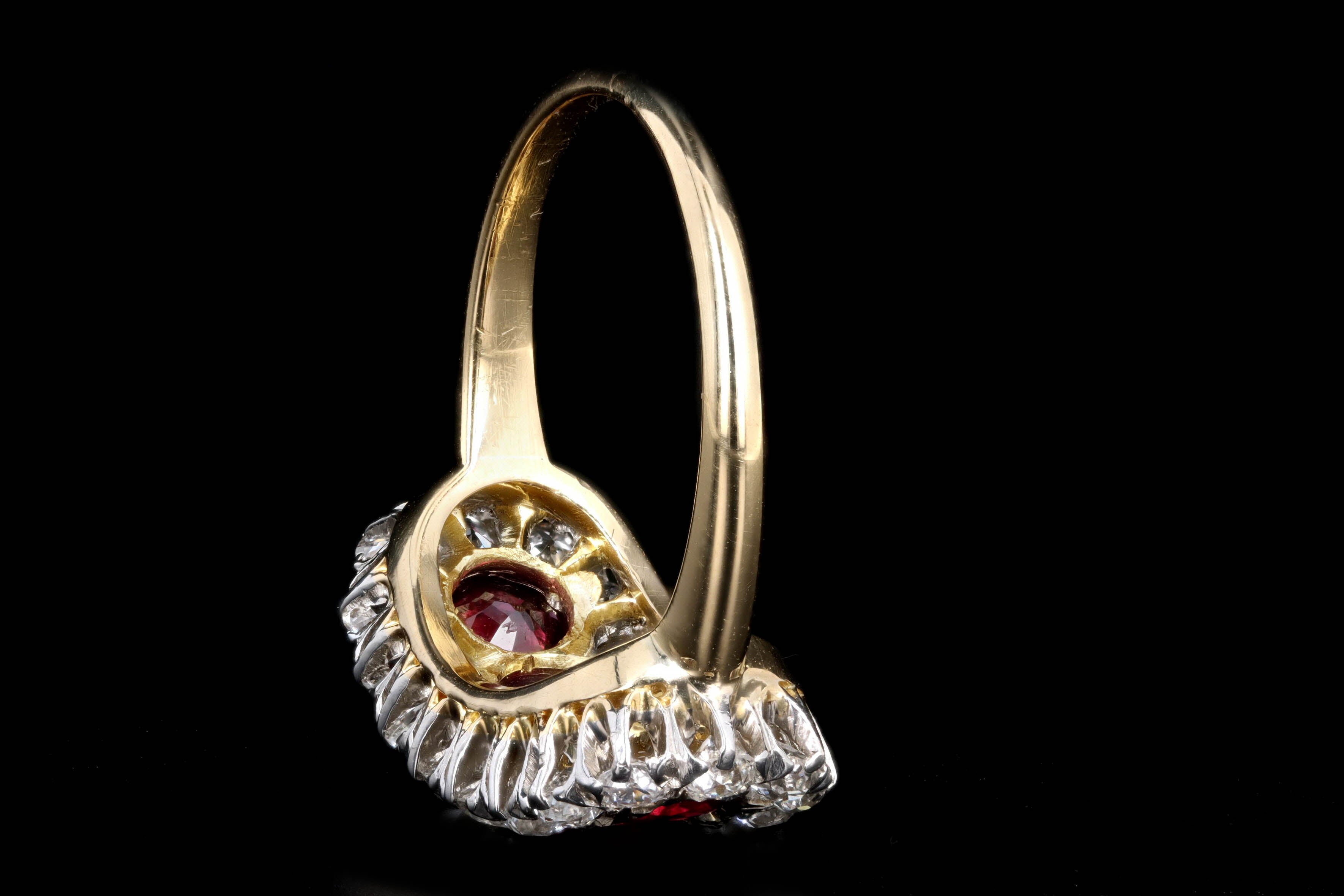 Victorian 18K Yellow Gold Four Round Natural Ruby & Old European Cut Diamond Ring - Queen May