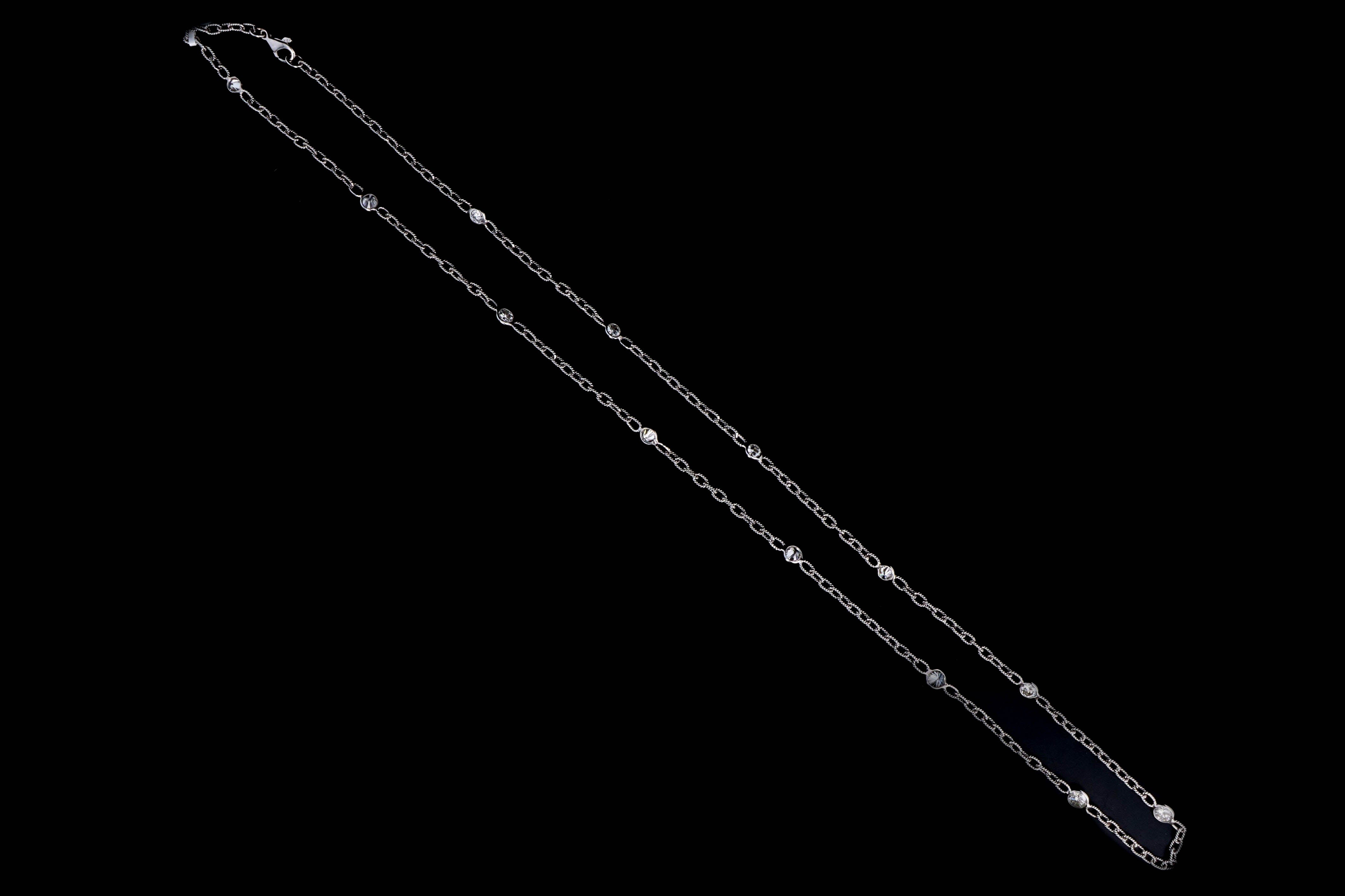 18K White Gold 3.0 Carat Total Weight Round Diamond Bezel Station Twisted Link Necklace - Queen May