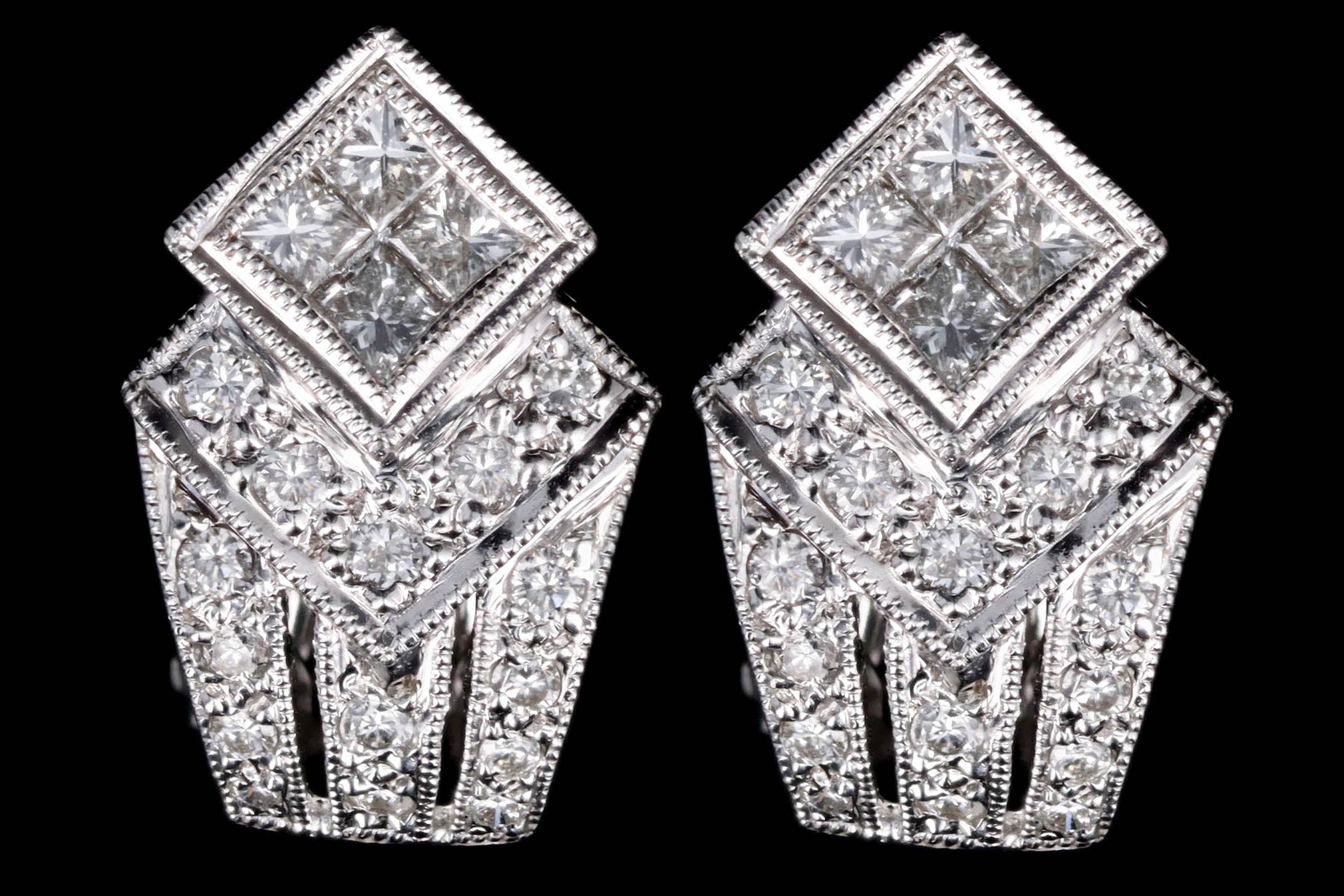 18K White Gold 1.0 Carat Total Weight Invisible Set Princess Cut Diamond Cluster Earrings - Queen May