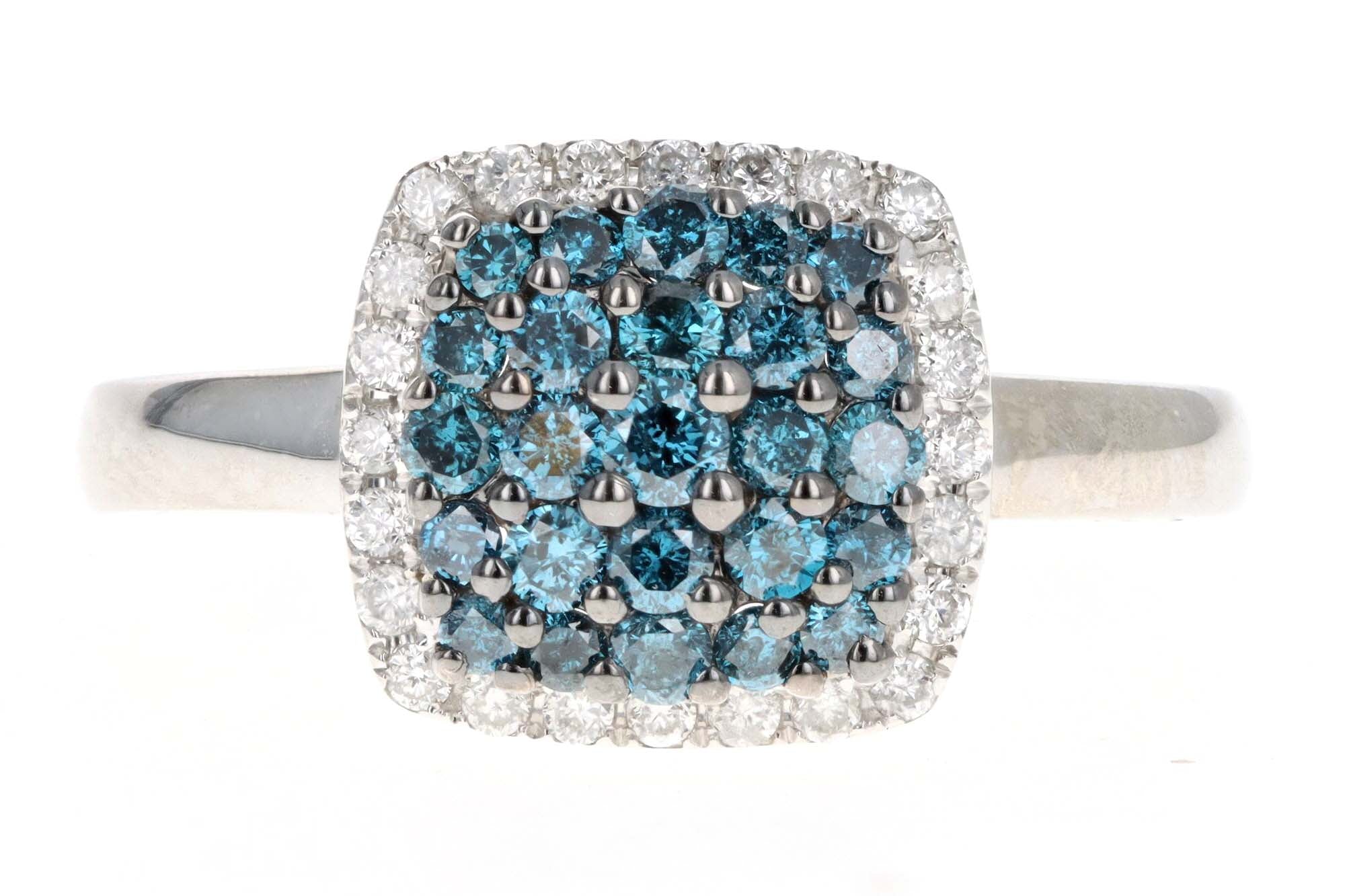 14K White Gold .50 Carat Total Weight Irradiated Blue Round Diamond Cluster Ring - Queen May