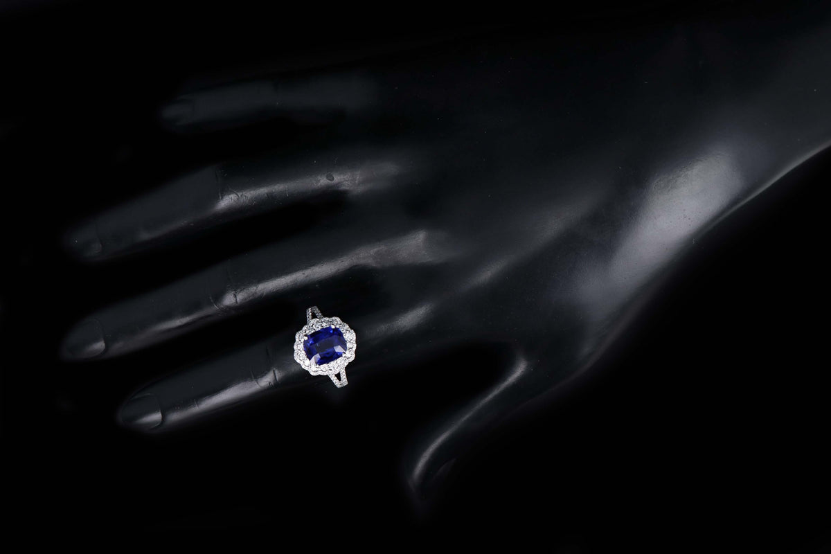 14K White Gold 3.08 Carat Cushion Cut Natural Sapphire & Diamond Halo Cluster Ring - Queen May