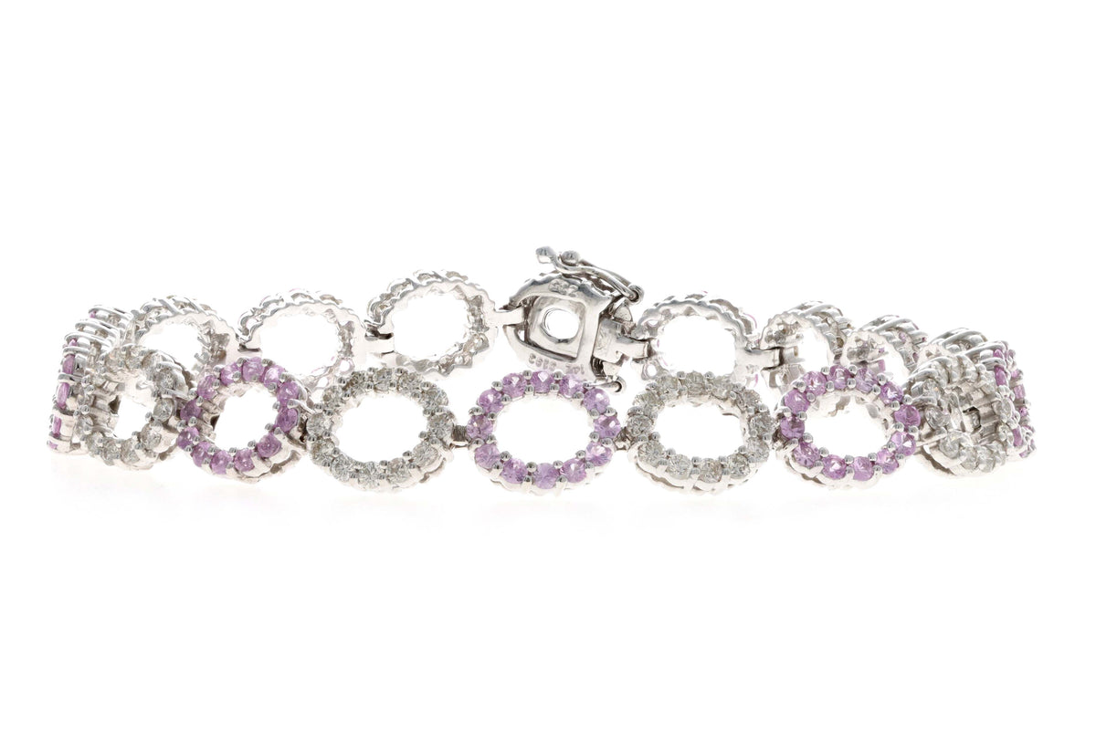 14K White Gold Natural Pink Sapphire & Diamond Oval Link Bracelet - Queen May