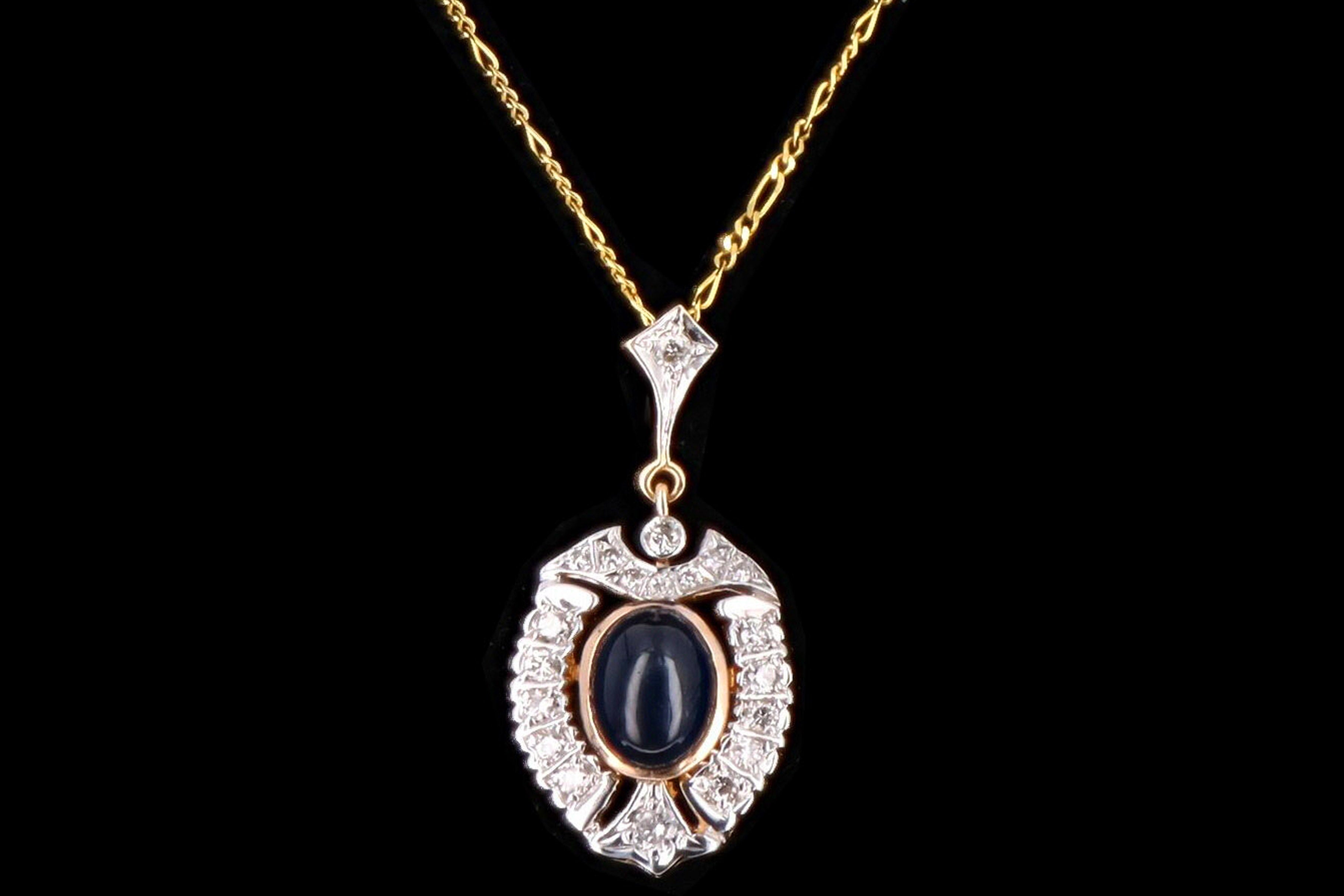 Vintage 14K Gold 3 Carat Cabochon Natural Sapphire & Diamond Pendant Necklace - Queen May