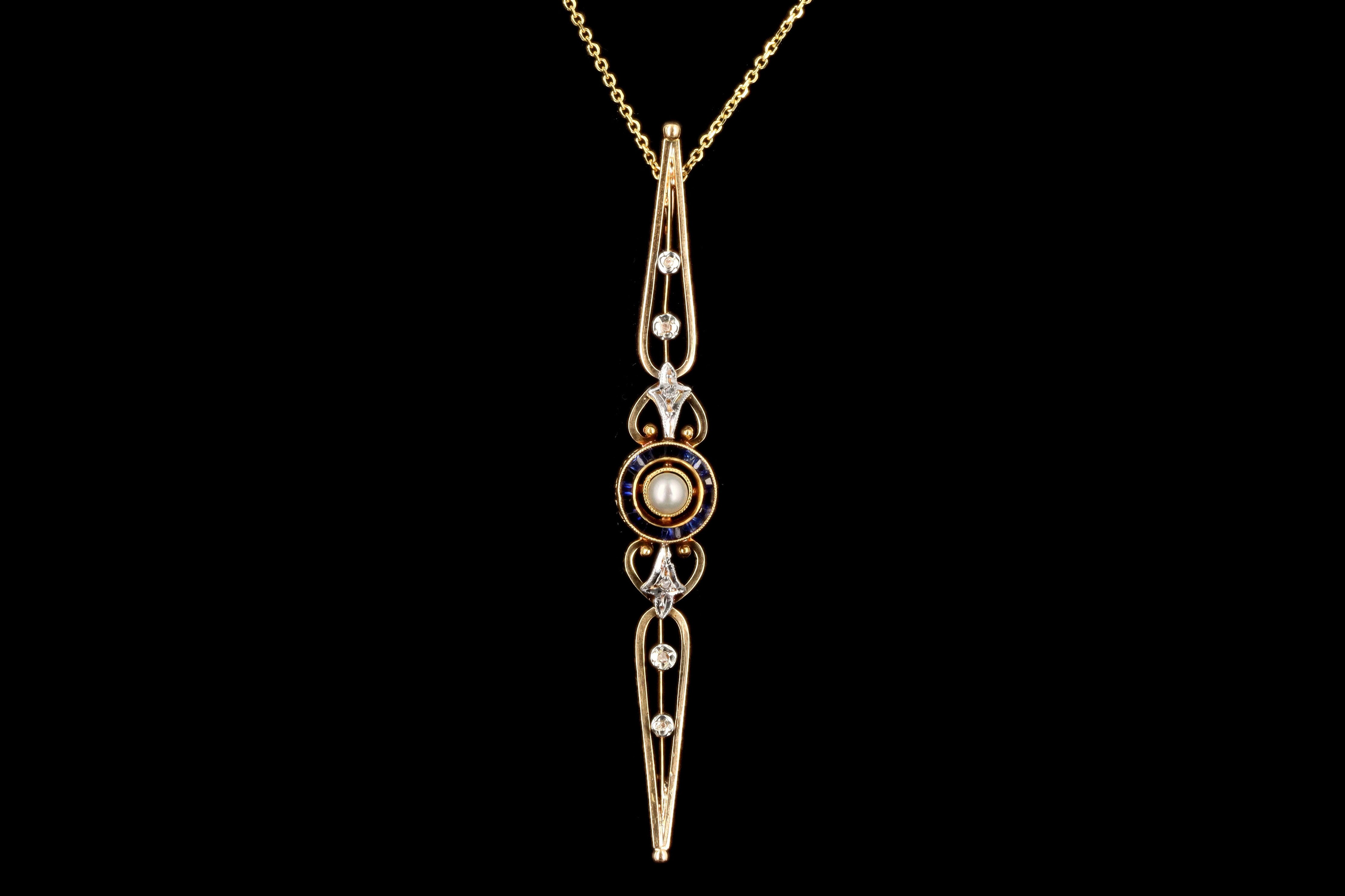 Victorian 18K Yellow Gold Cultured Pearl, Synthetic Sapphire, & Diamond Bar Pin Conversion Pendant Necklace - Queen May