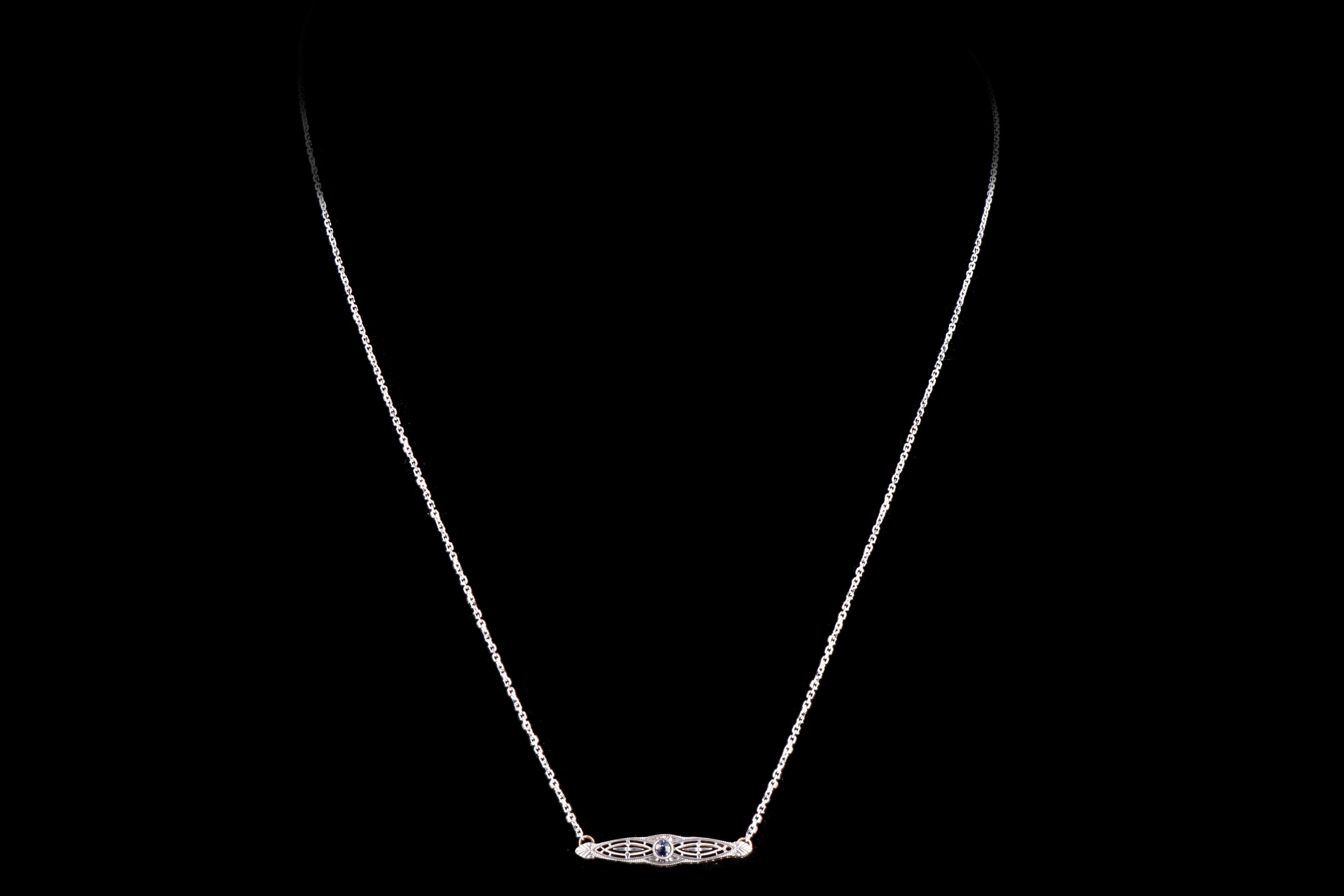 Art Deco 14K White & Yellow Gold .05 Carat Natural Yogo Sapphire Pin Conversion Pendant Necklace - Queen May